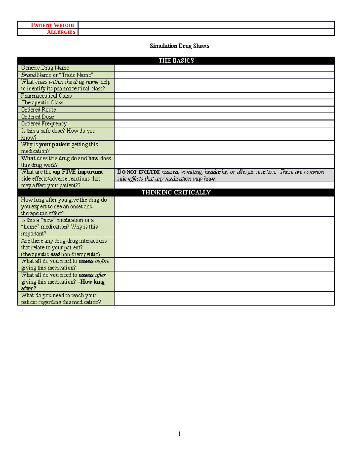 SIM Blank Drug cards - Mental health assignment - LAW 650 - MSU - Studocu