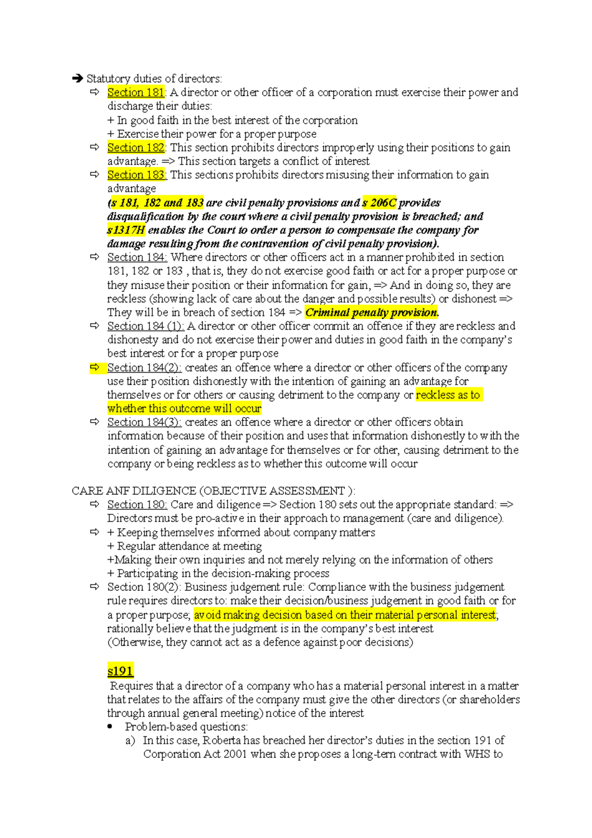 Director's statutory duty Statutory duties of directors Section 181 A director or other