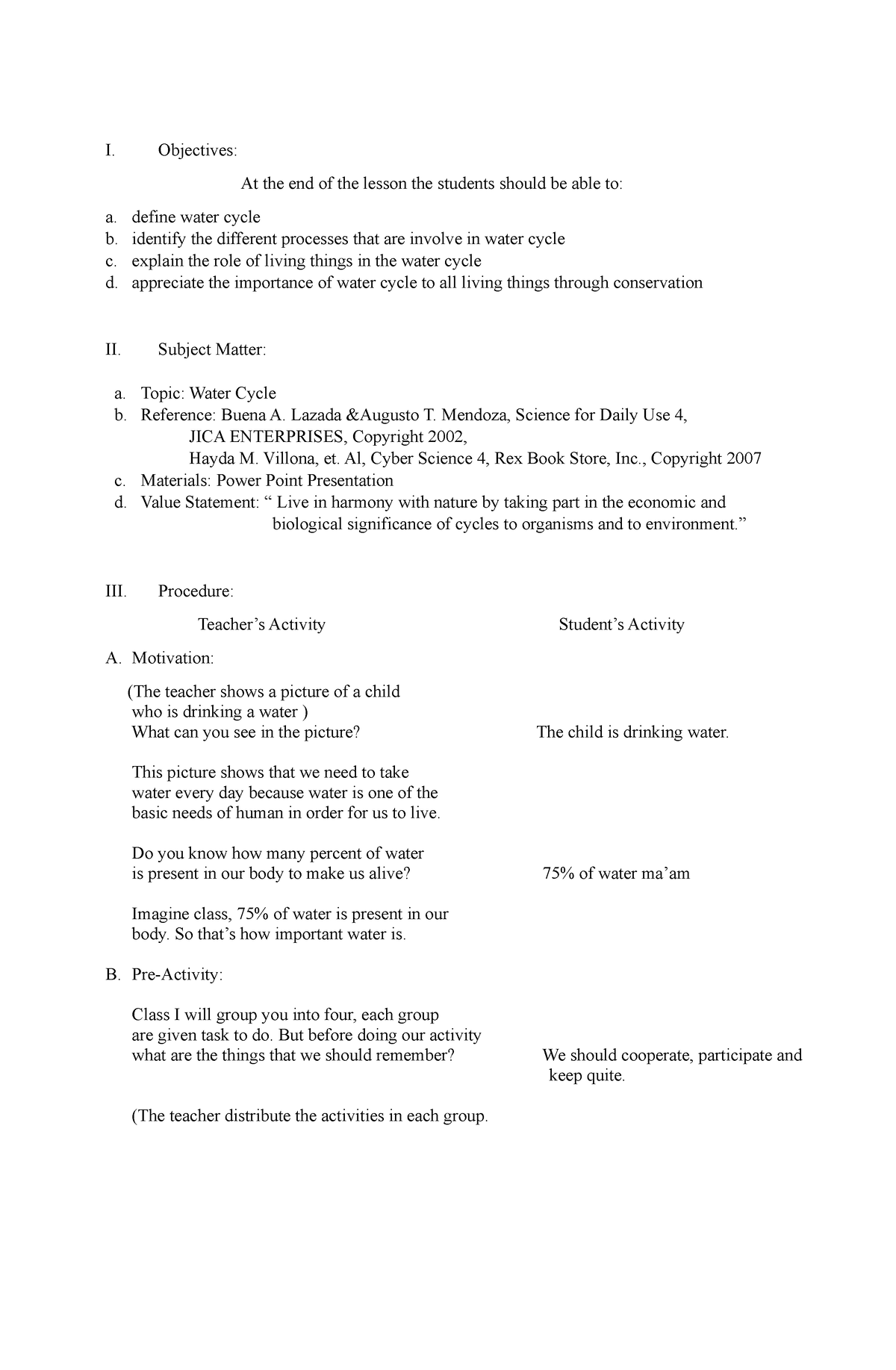 Juday Lesson Plan Water Cycle - I. Objectives: At The End Of The Lesson 