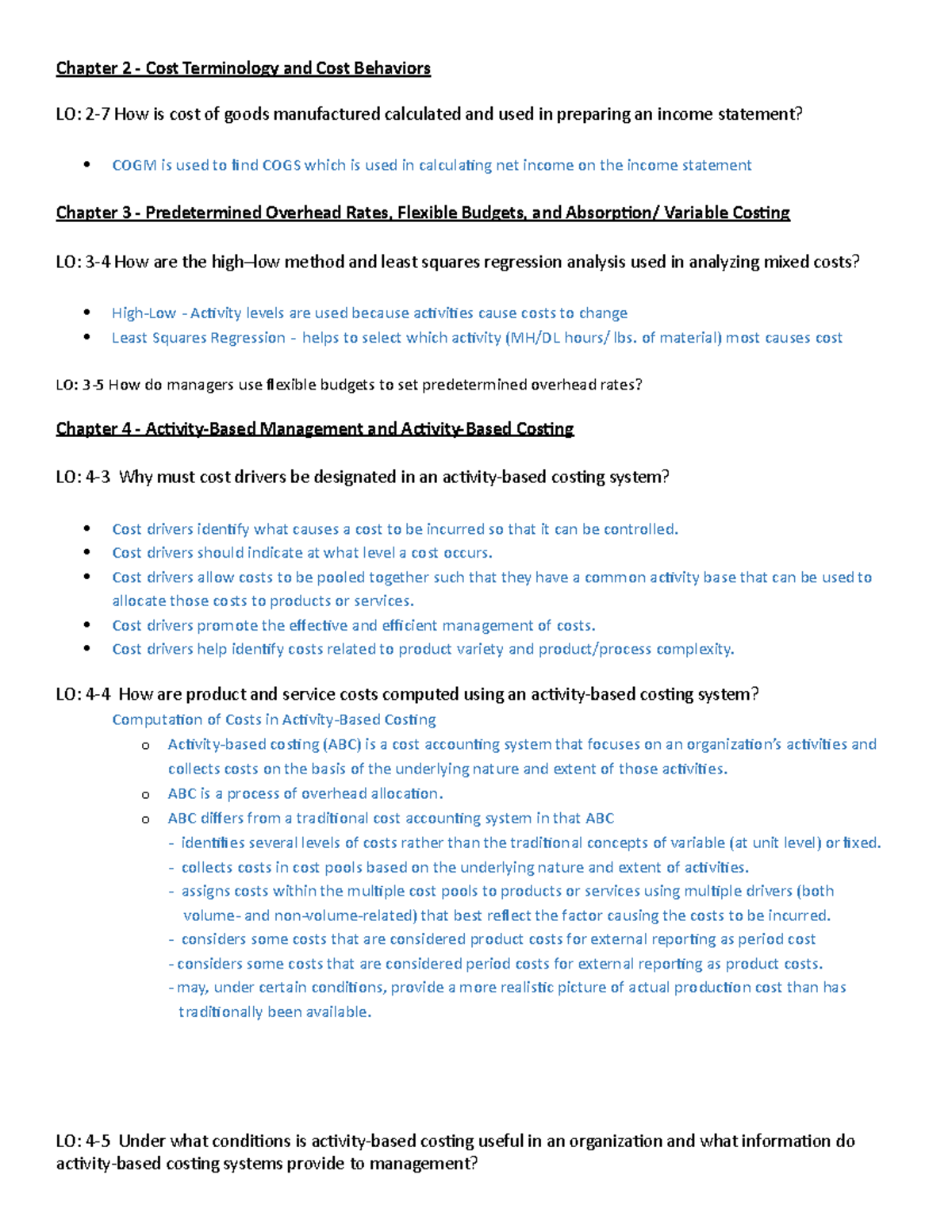 Final Exam Objectives and Answers Chapter 2 Cost Terminology and