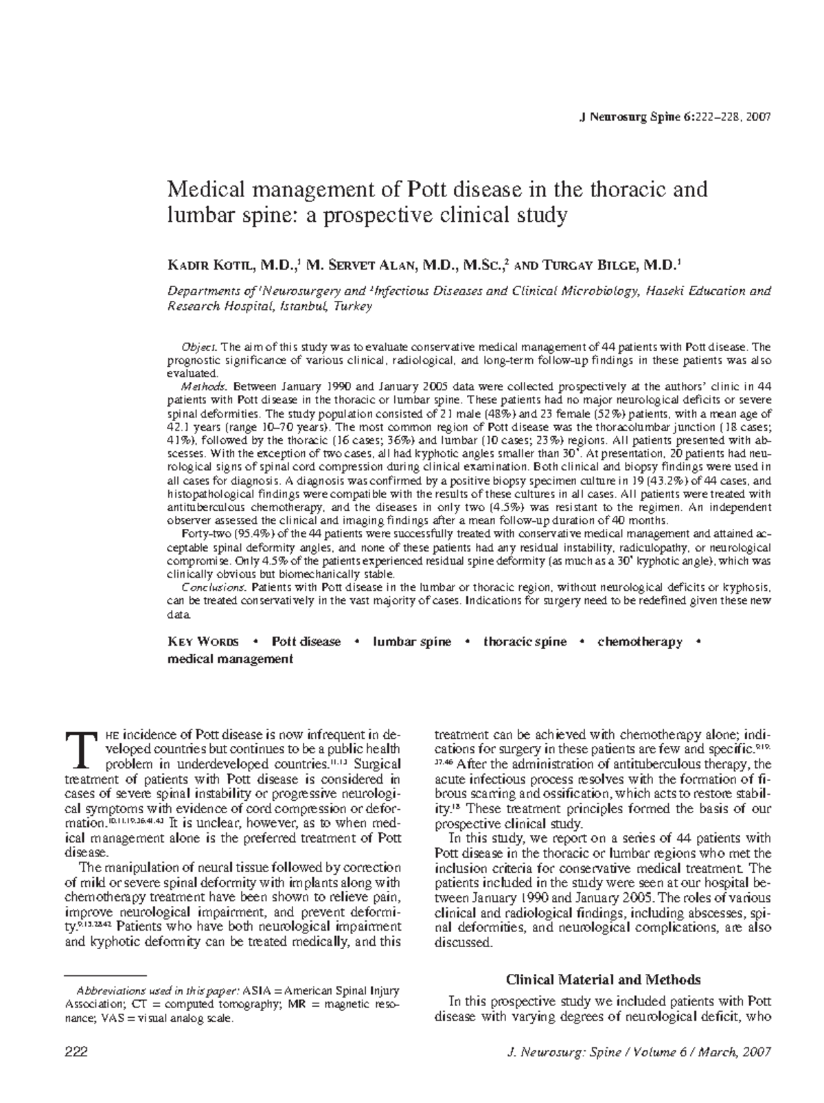 Journal Of Neurosurgery JNS manejo del mal de Poth HE incidence of Pott disease is now