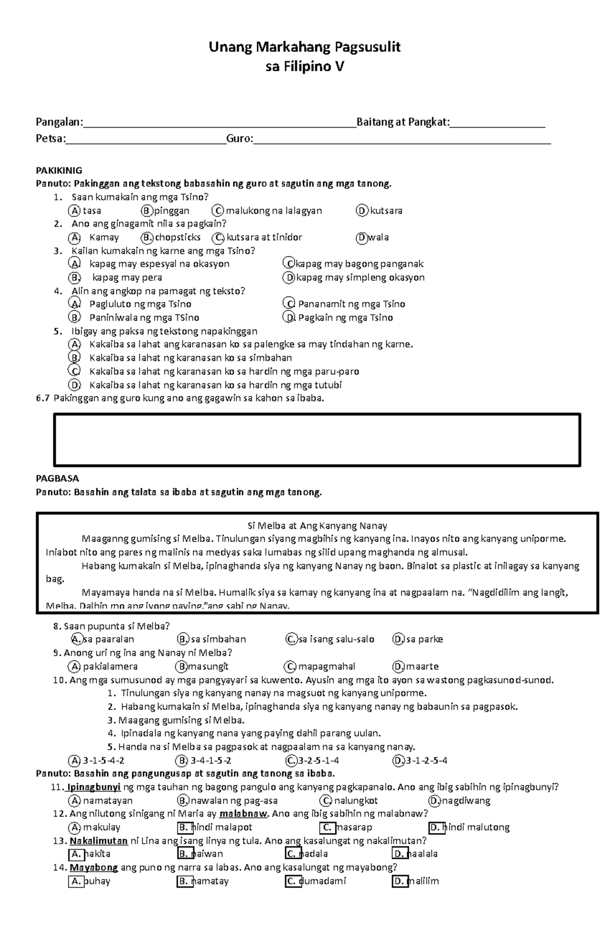 PT Filipino 5 Q1 - LEARNING IS FUN - Unang Markahang Pagsusulit sa ...