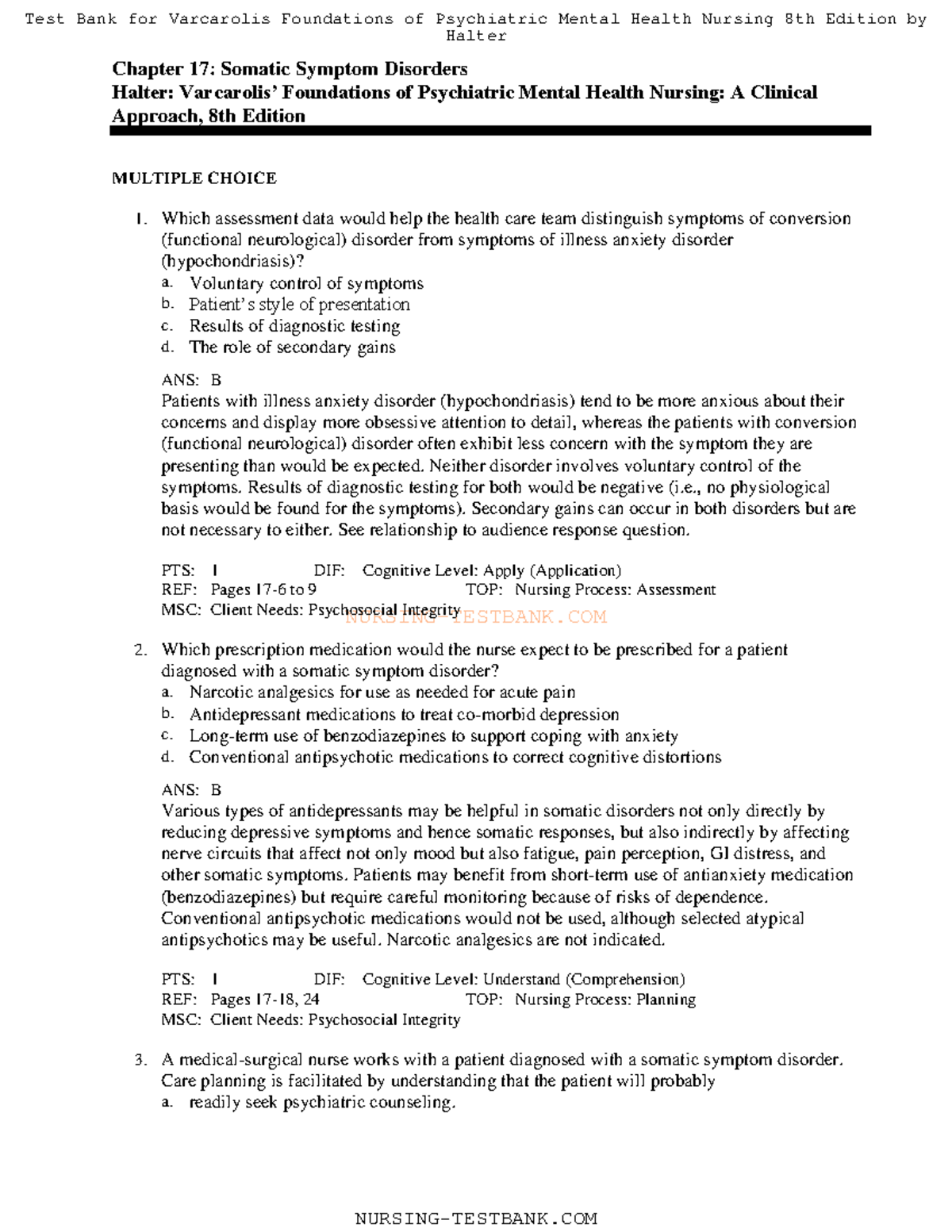 Ch. 17 Somatic Symptom Disorders - NURSING-TE STBANK Chapter 17 ...