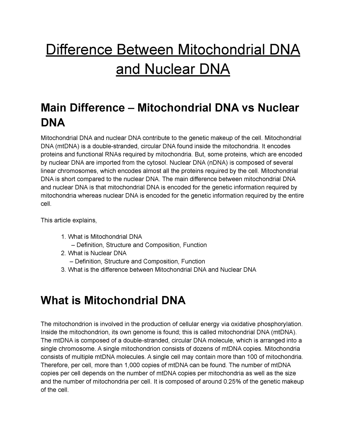 mitochondrial dna vs nuclear dna