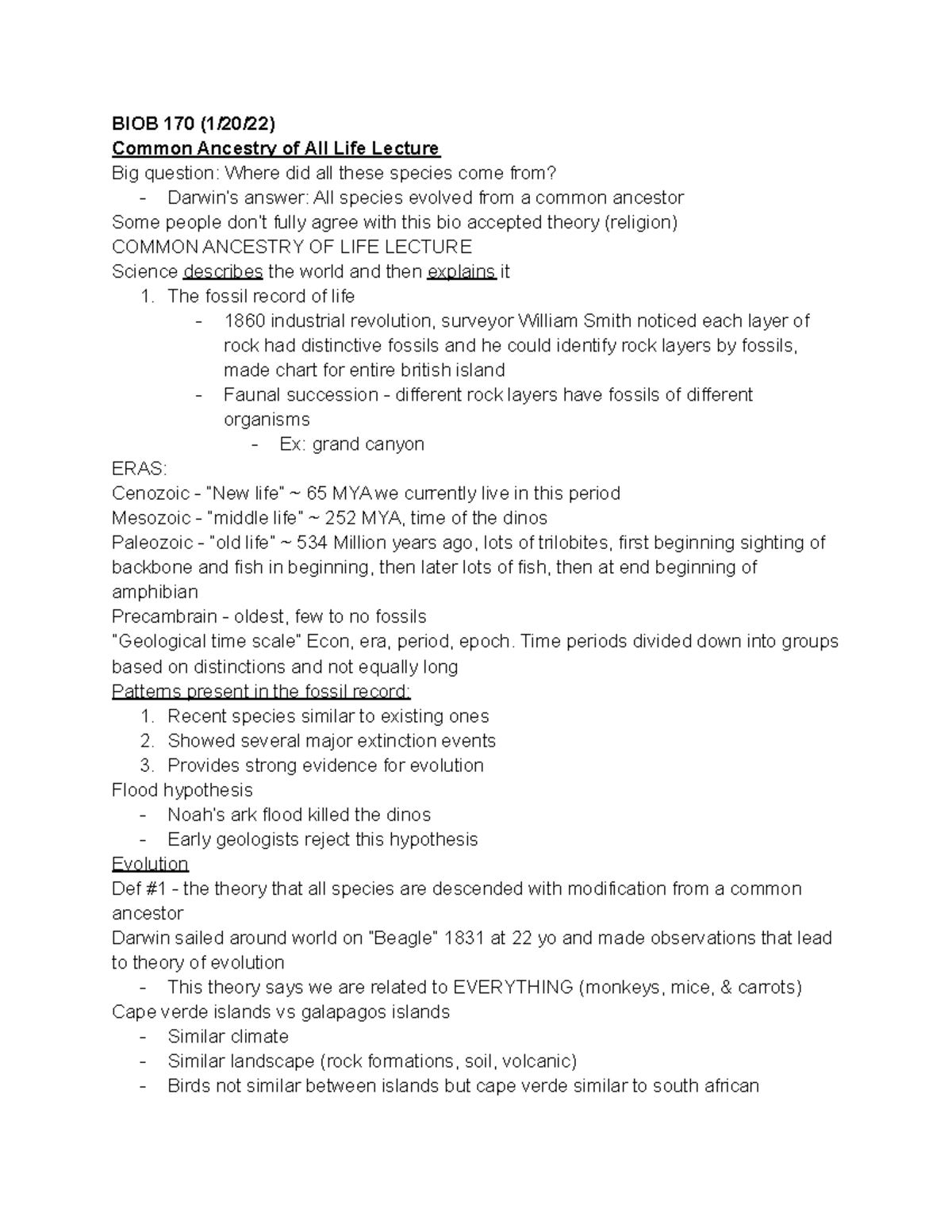 BIOB 170 - Principles of Bio Diversity Notes - BIOB 170 (1/20/22 ...