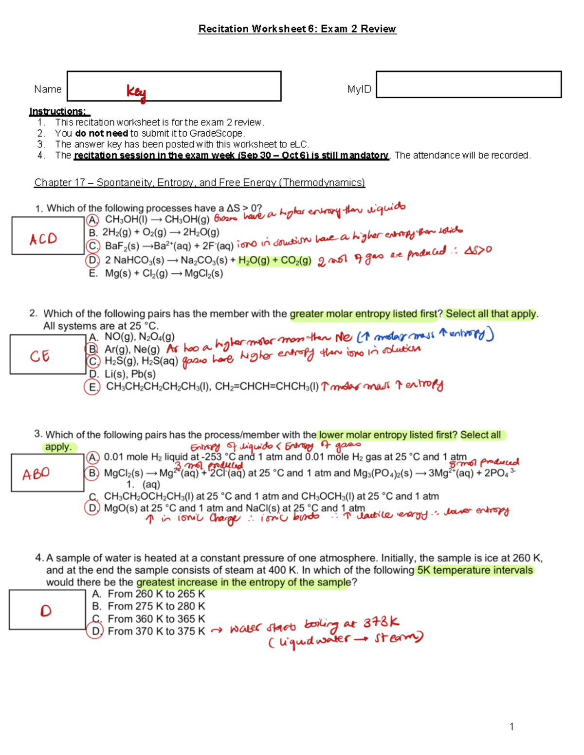 Recitation Worksheet 6 - Exam 2 Review Key - Name MyID Instructions: 1 ...