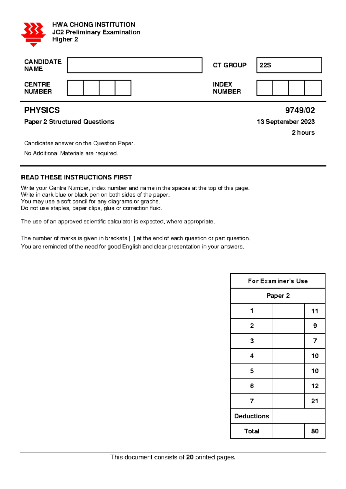 2023 HCI H2 PH Prelim P2 QP This Document Consists Of 20 Printed 