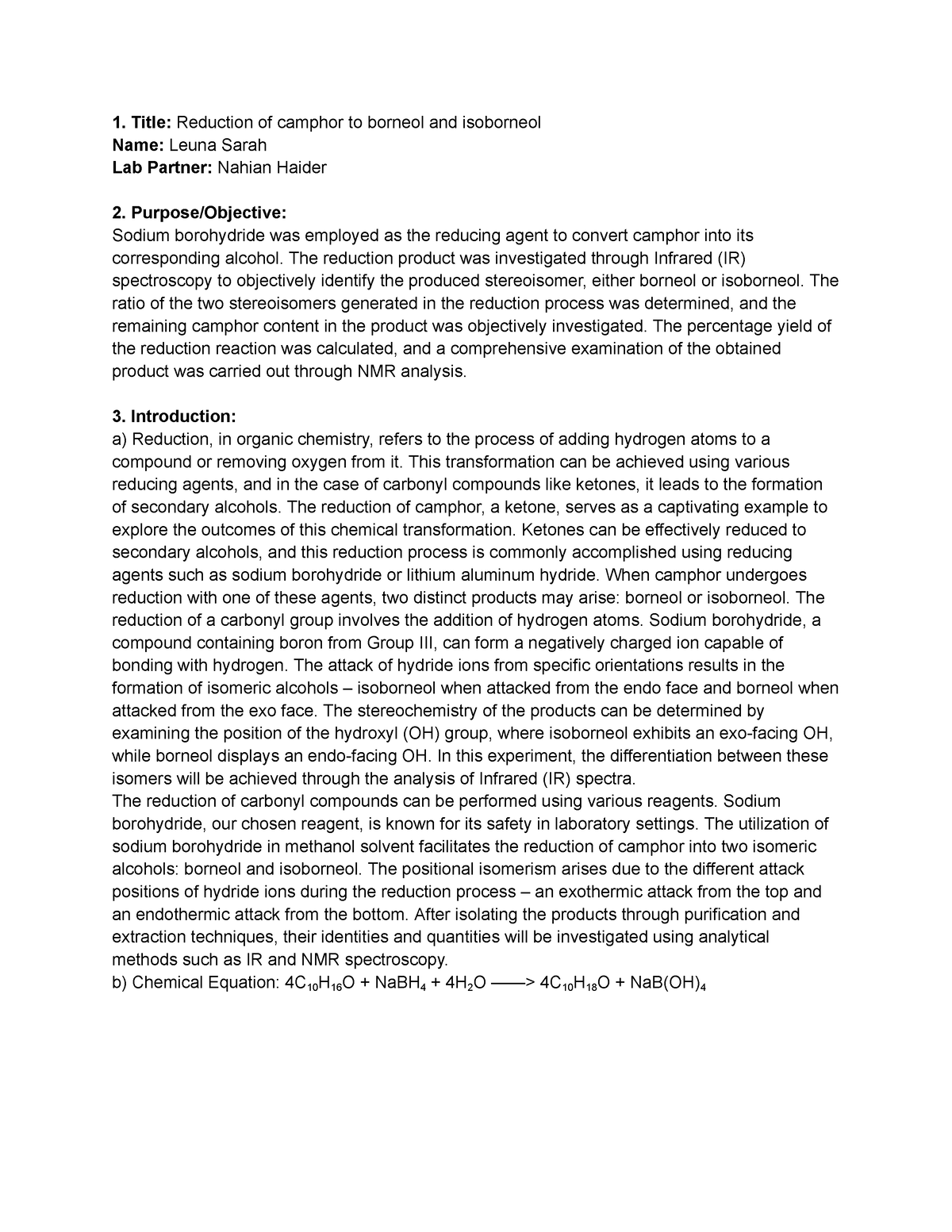 Lab 1 - lab 1 report - Title: Reduction of camphor to borneol and ...