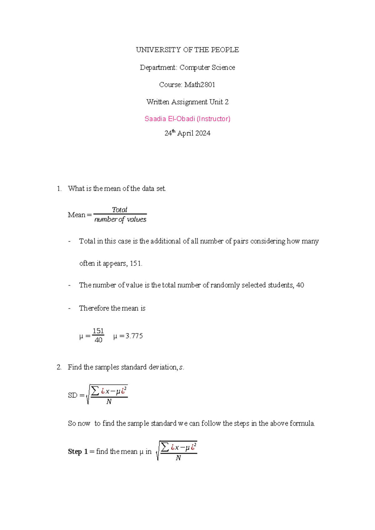 Written Assignment 1 - done - UNIVERSITY OF THE PEOPLE Department ...