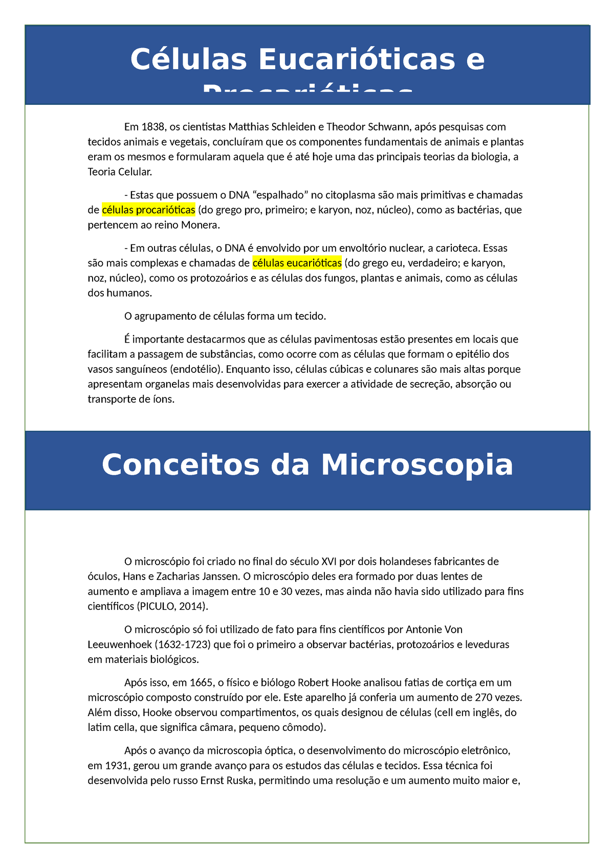 Resumo Bases Da Biologia Celular, Molecular E Tecidual - Em 1838, Os ...