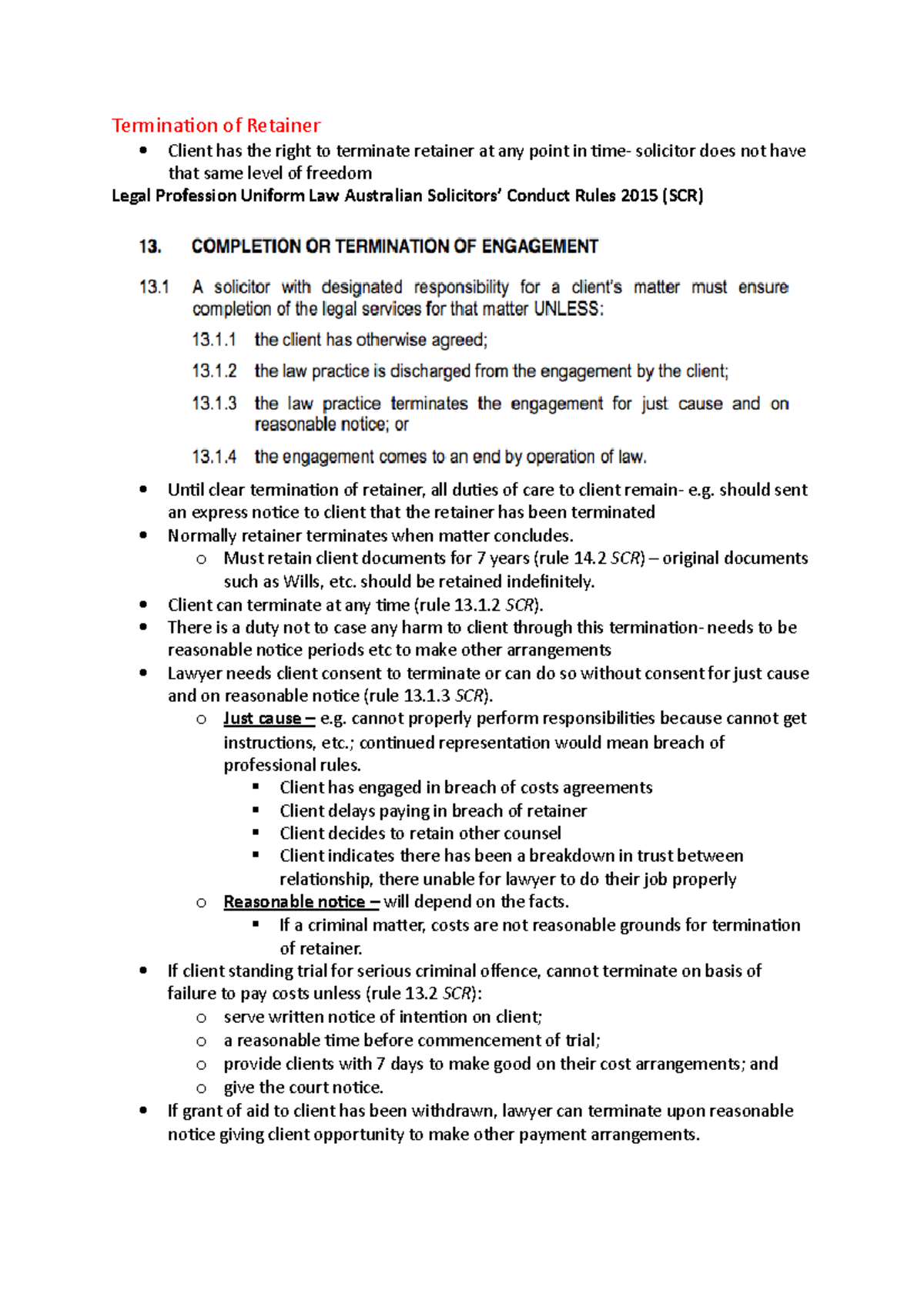 Legal Practice and Ethics Notes Termination of Retainer Client has