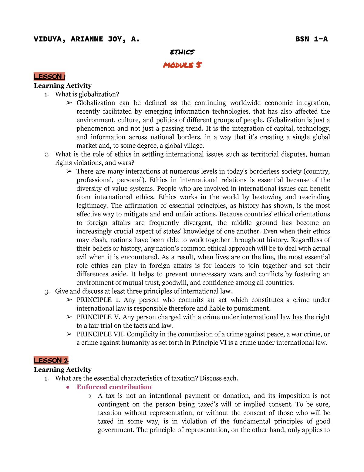 Ethics Module 5 ( Answers) - VIDUYA, ARIANNE JOY, A. BSN 1-A Ethics ...