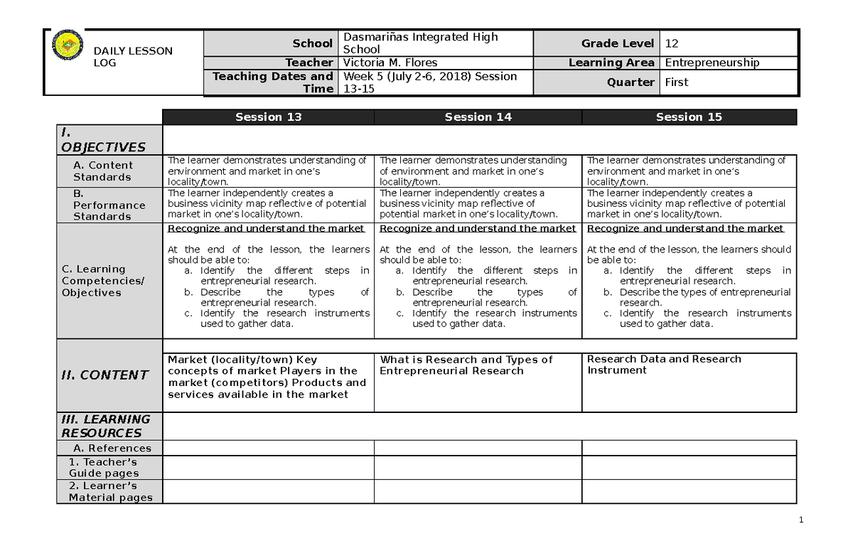 DLL Entrep WEEK - INFORMATION - DAILY LESSON LOG School Dasmariñas ...