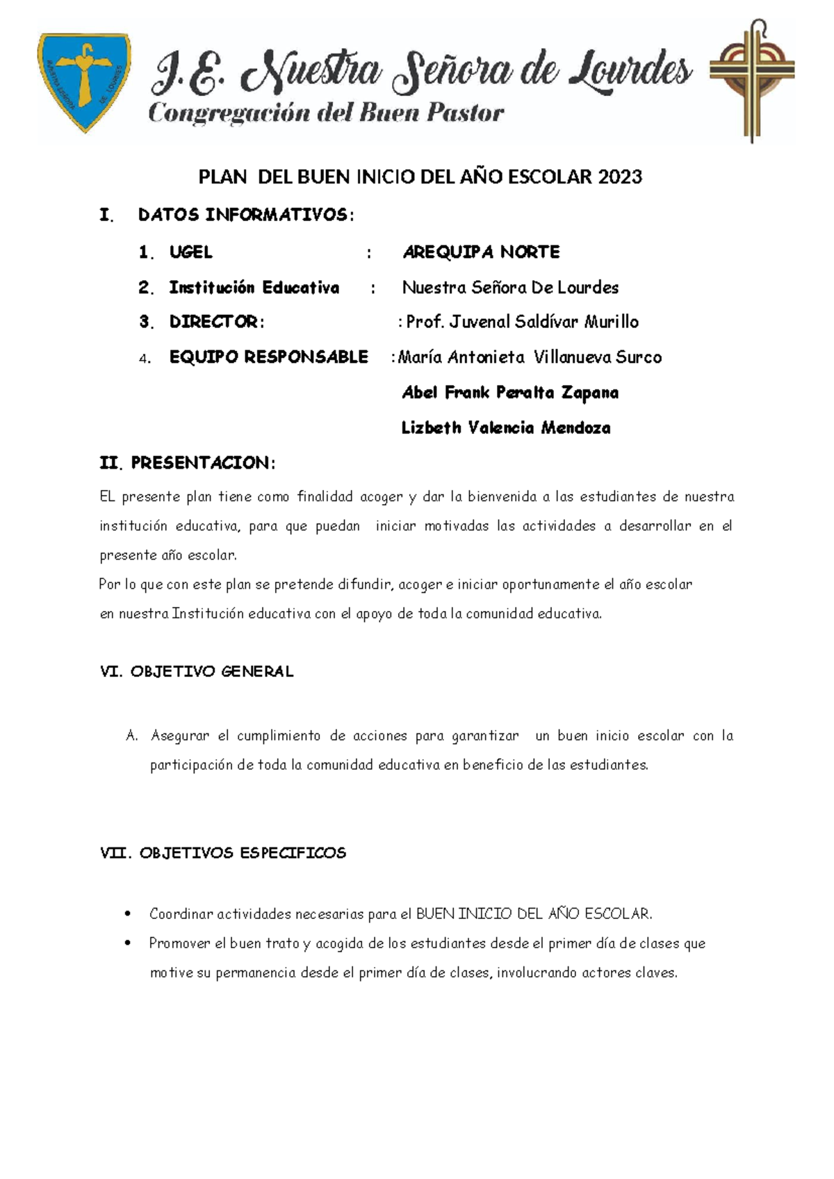 PLAN DE BUEN Inicio DE AÑO Escolar 2023 - PLAN PLAN DEL BUEN INICIO DEL ...