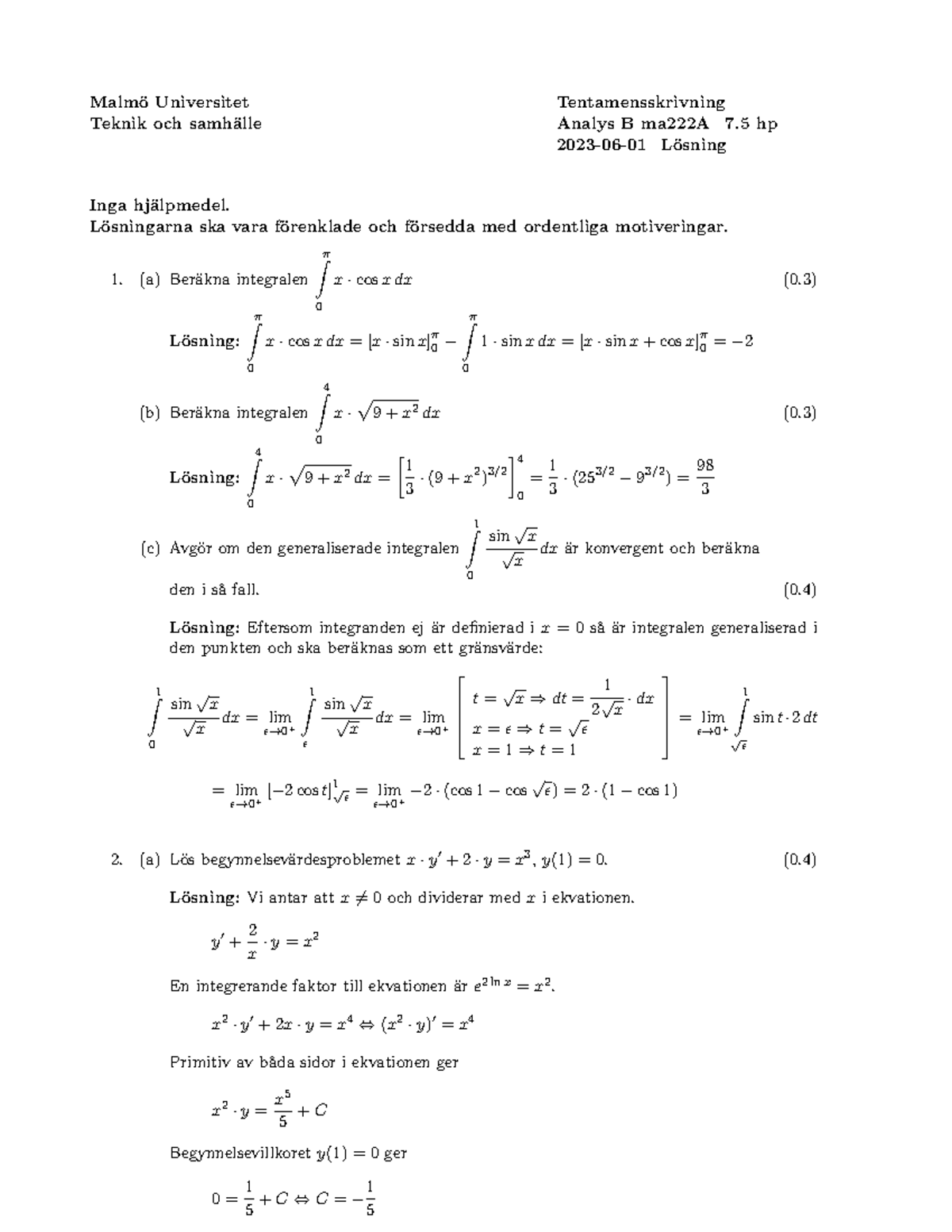 Tenta Med Lösningar 01-06-2023 - Malmö Universitet Tentamensskrivning ...