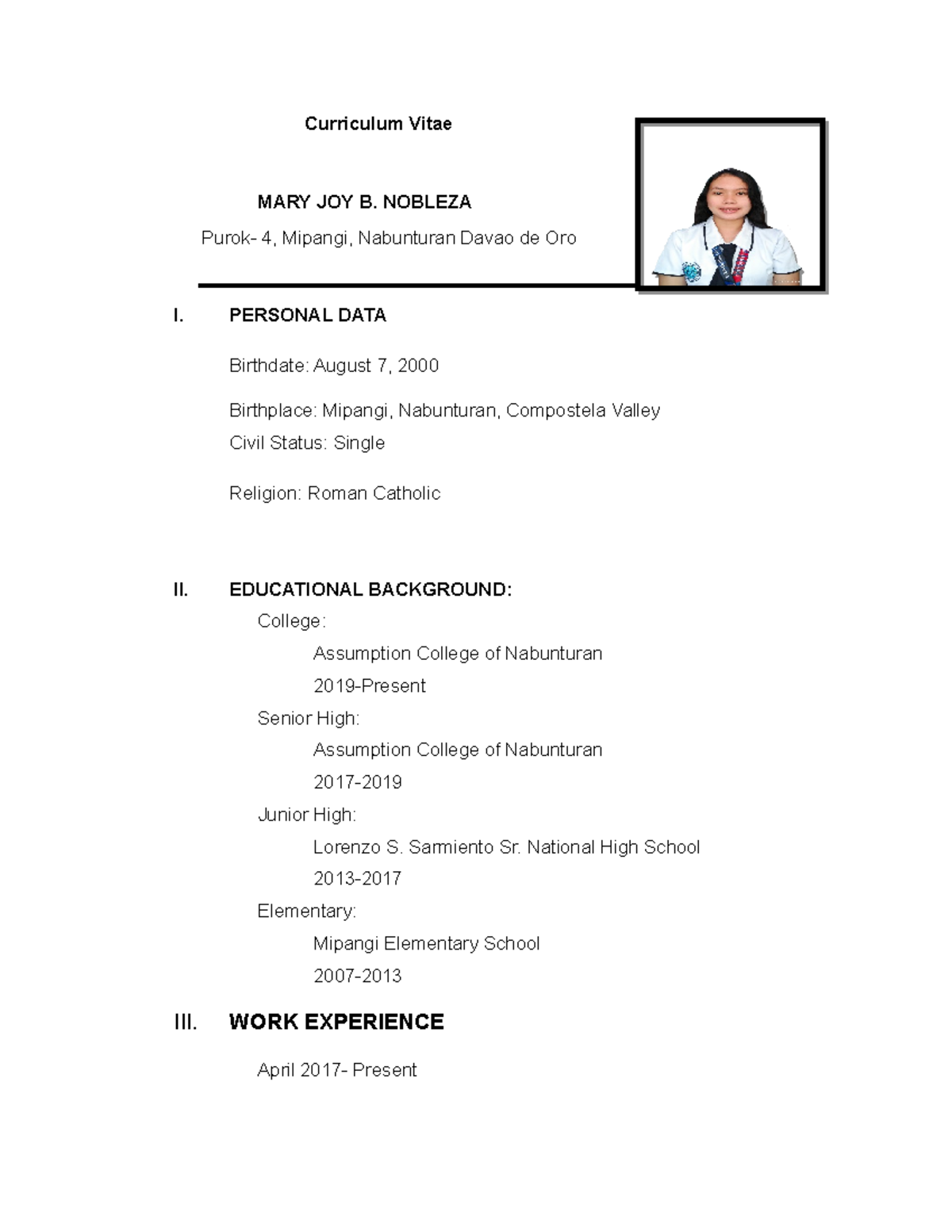 Curriculum Vitae - Research purpose - Curriculum Vitae MARY JOY B ...