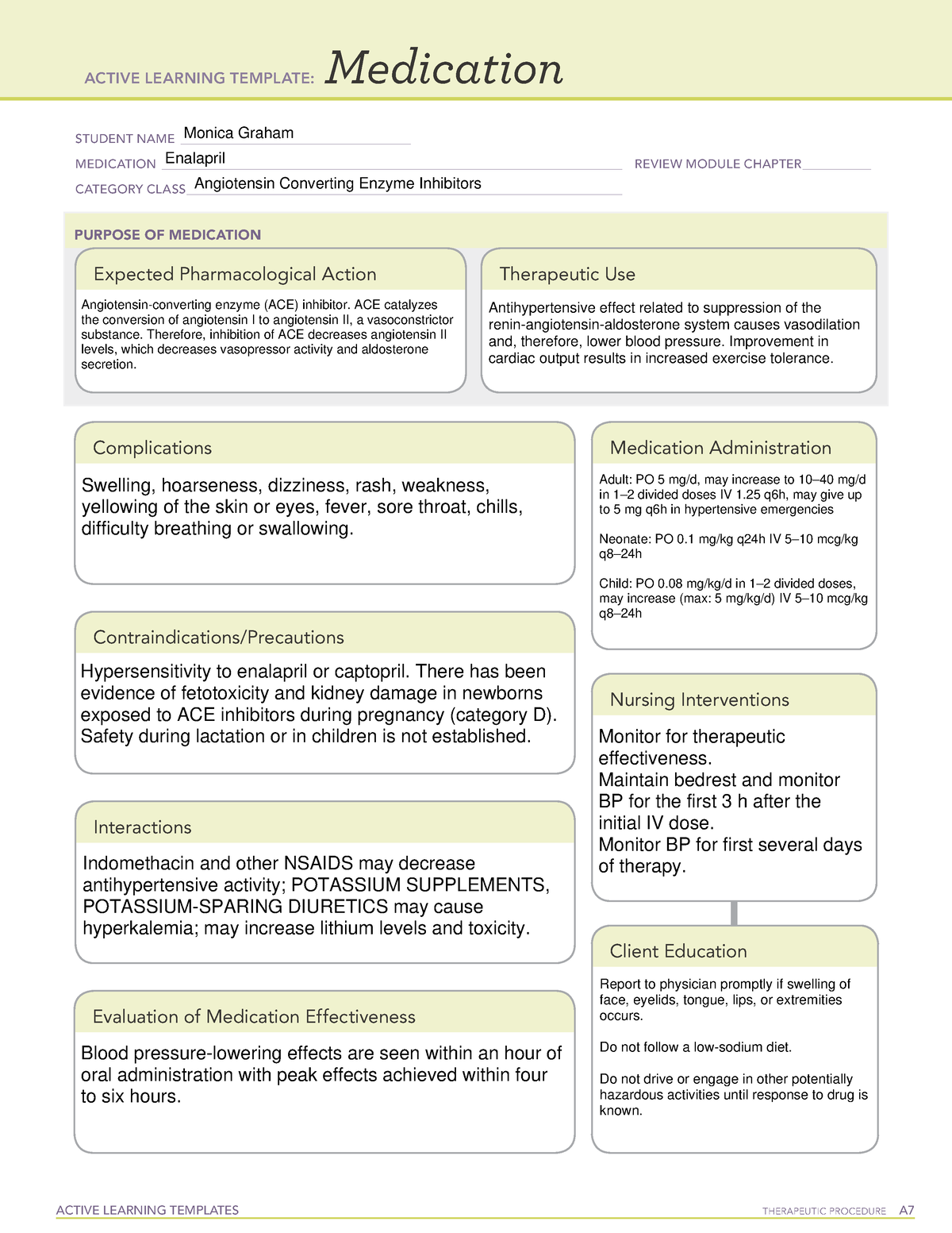 Enalapril drug card ACTIVE LEARNING TEMPLATES TherapeuTic procedure