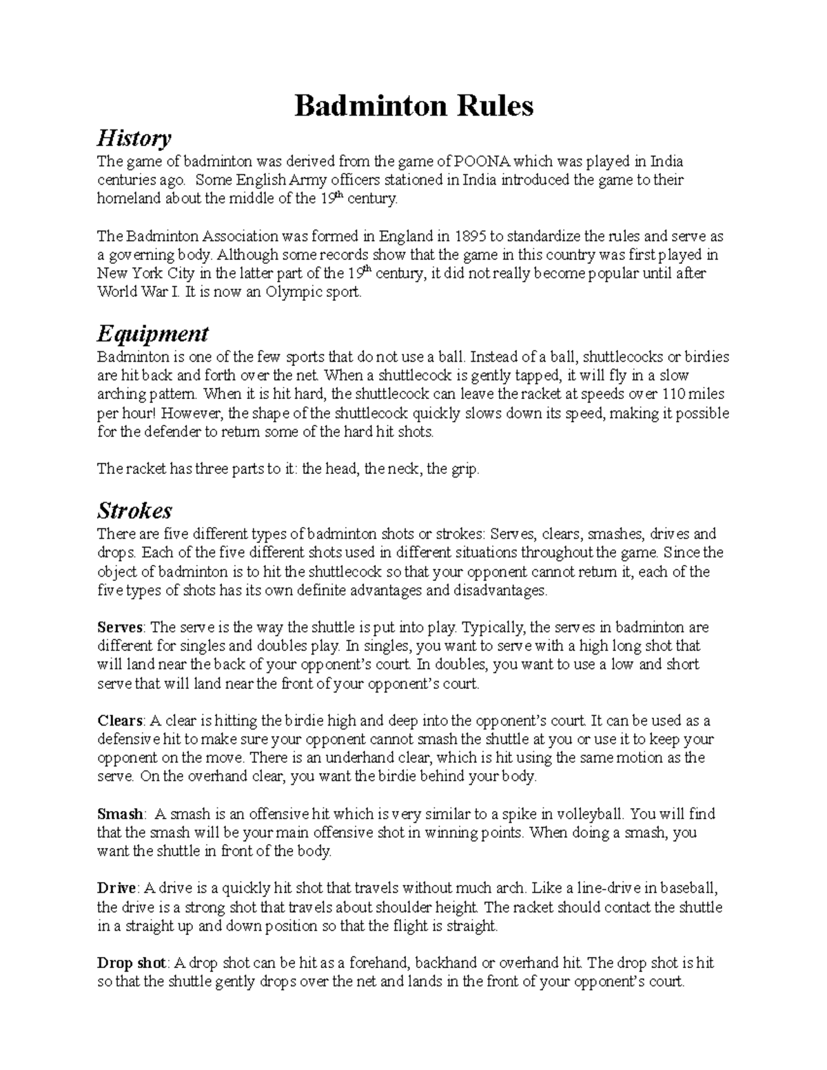 Badminton Rules Badminton Rules History The game of badminton was