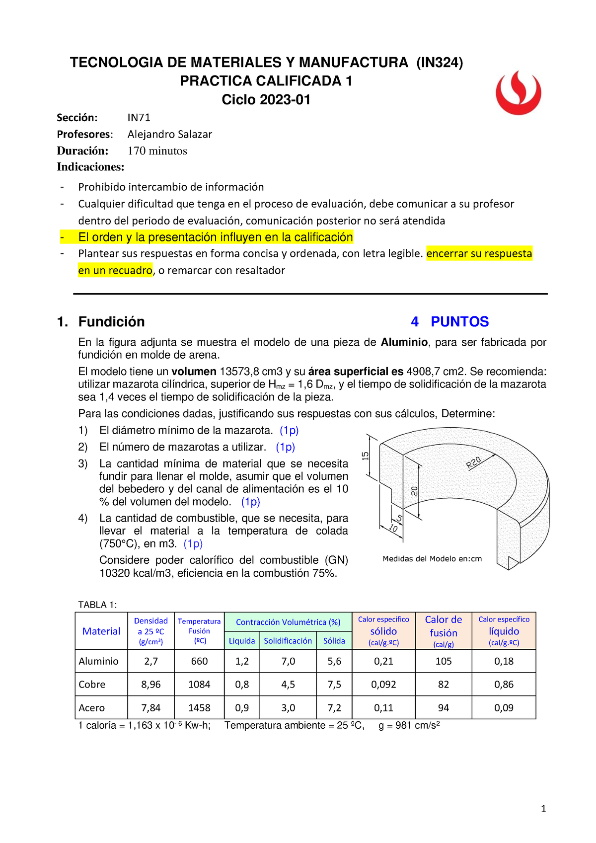 IN71 PC1 IN324 2023 01 - Para El Quiz - TECNOLOGIA DE MATERIALES Y ...