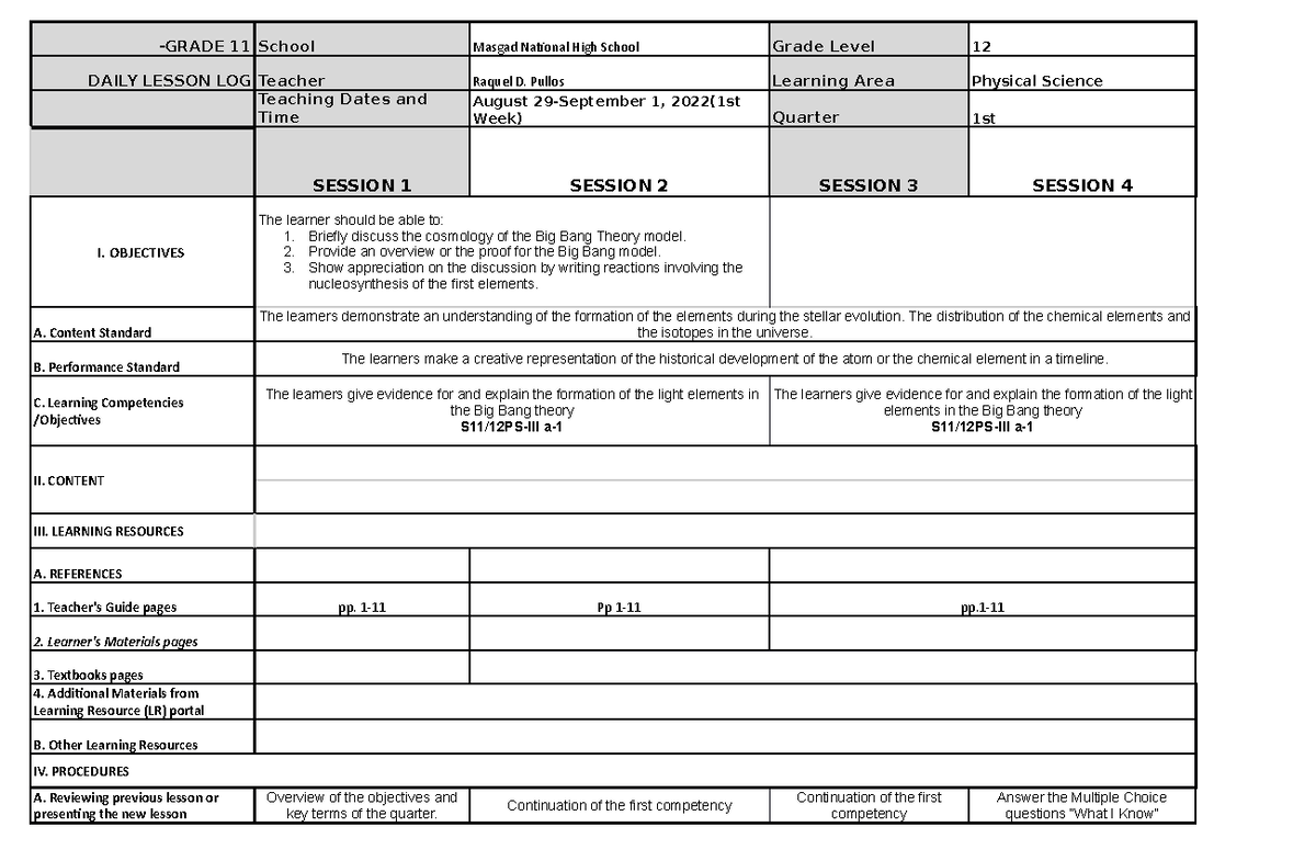 DLL Physical Science 2ndweek -GRADE 11 School Masgad National High ...
