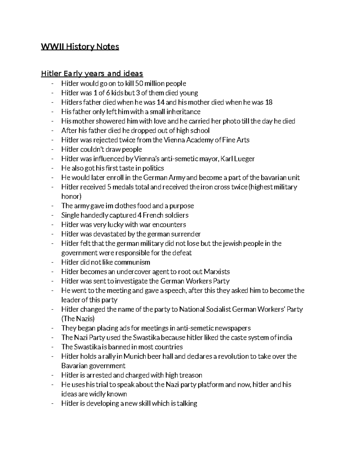 WWII History Notes - WWII History Notes Hitler Early years and ideas ...