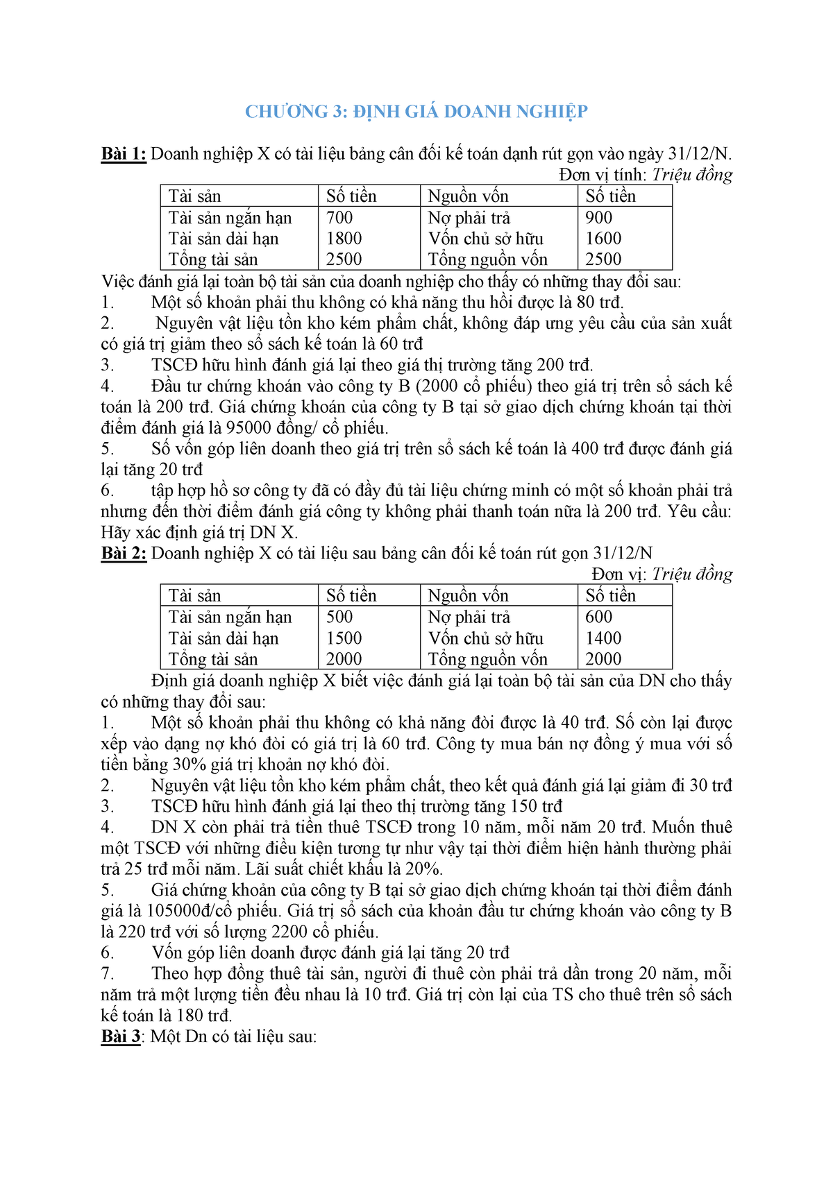 BTTC2 CHƯƠNG 3 - Bài Tập - CHƯƠNG 3: ĐỊNH GIÁ DOANH NGHIỆP Bài 1: Doanh ...