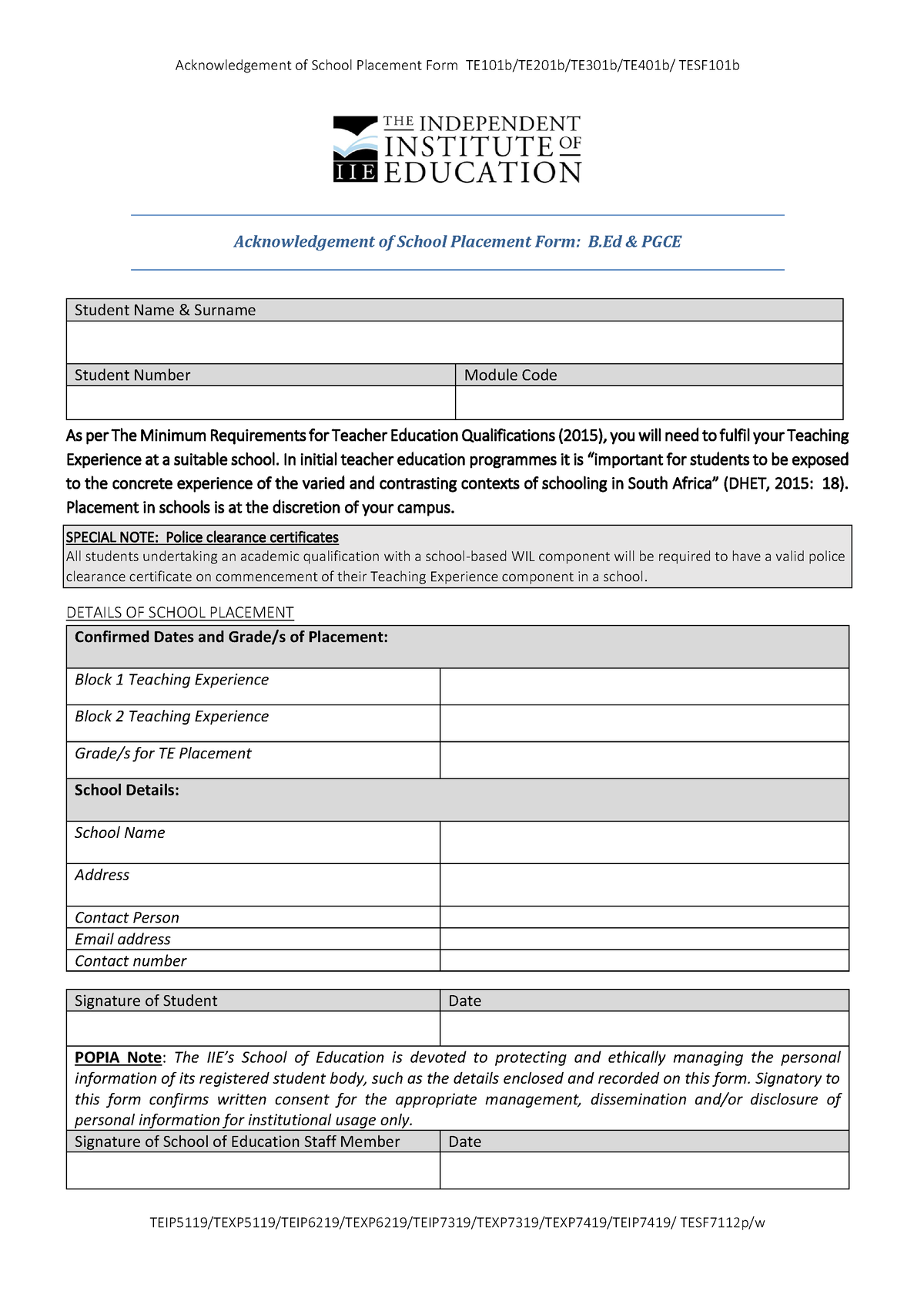 TEIP7319 TE301b Acknowledgement of School Placement Form ...