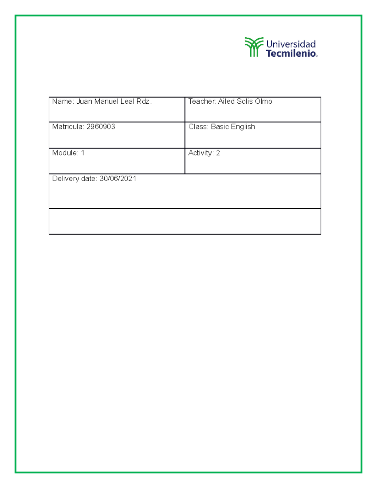 Tarea 2 - Apuntes 2 - Ingles basico - TecMilenio - Studocu