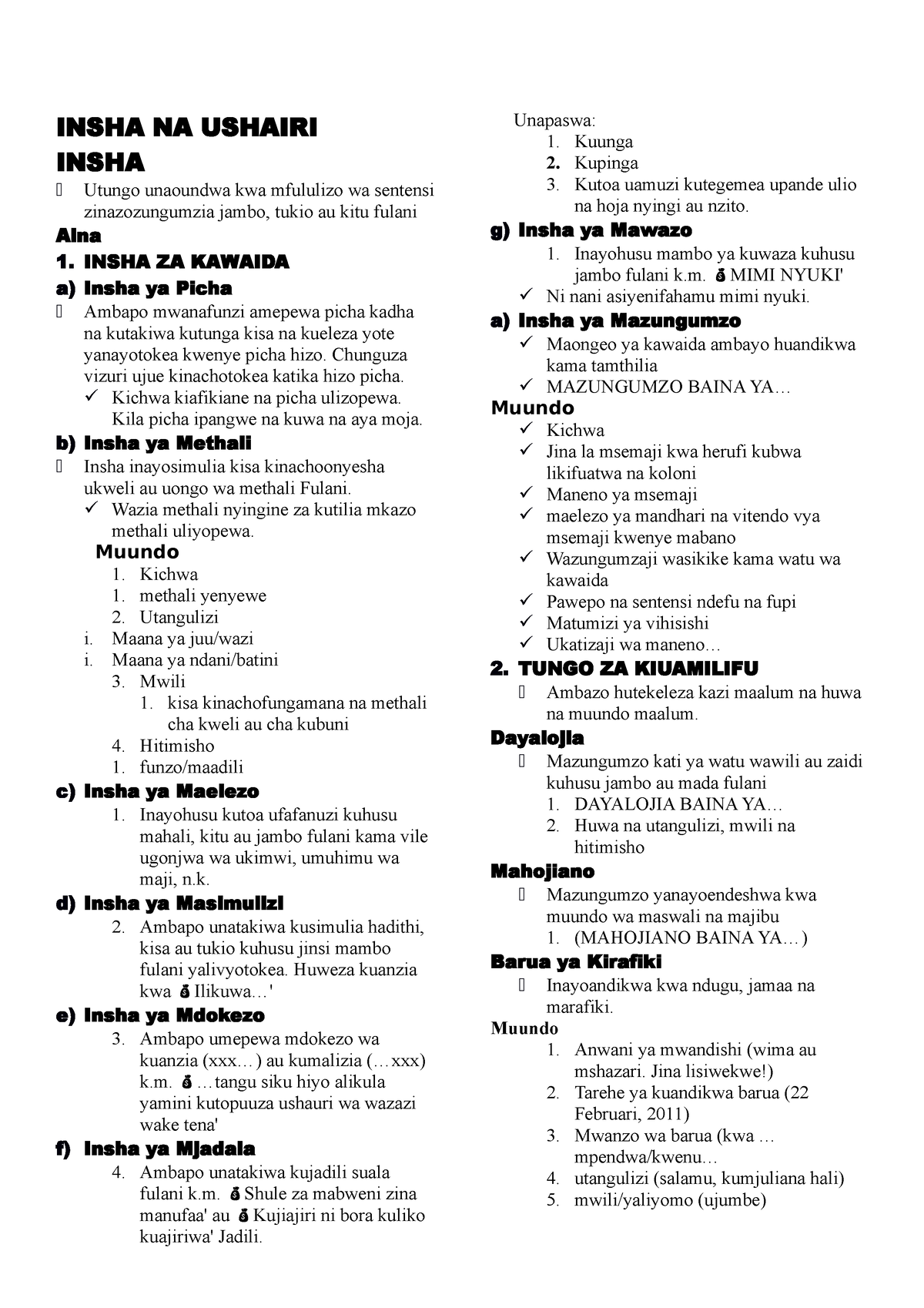 Kiswa Notes FORM 1 4 Booklet - INSHA NA USHAIRI INSHA Utungo Unaoundwa ...