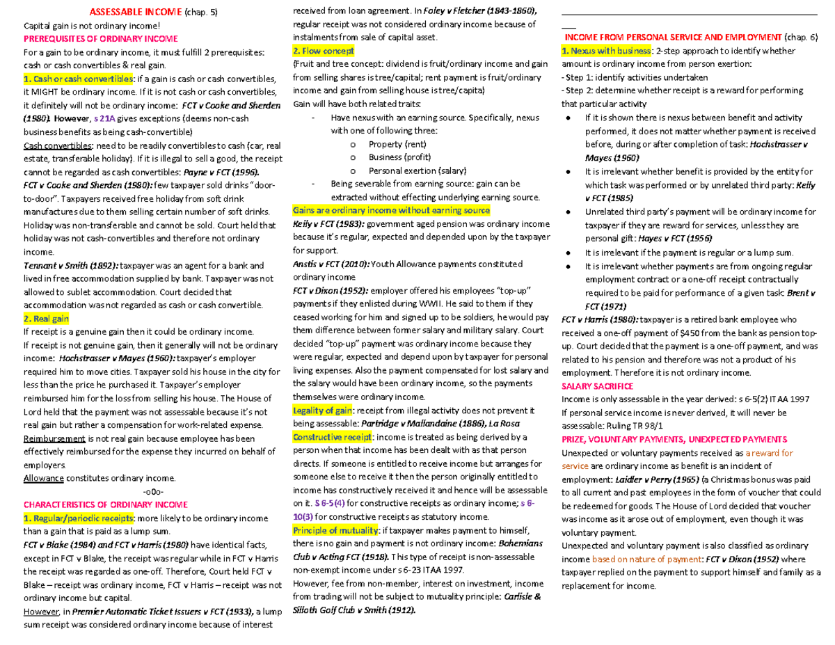 Assessable income - ASSESSABLE INCOME (chap. 5) Capital gain is not ...