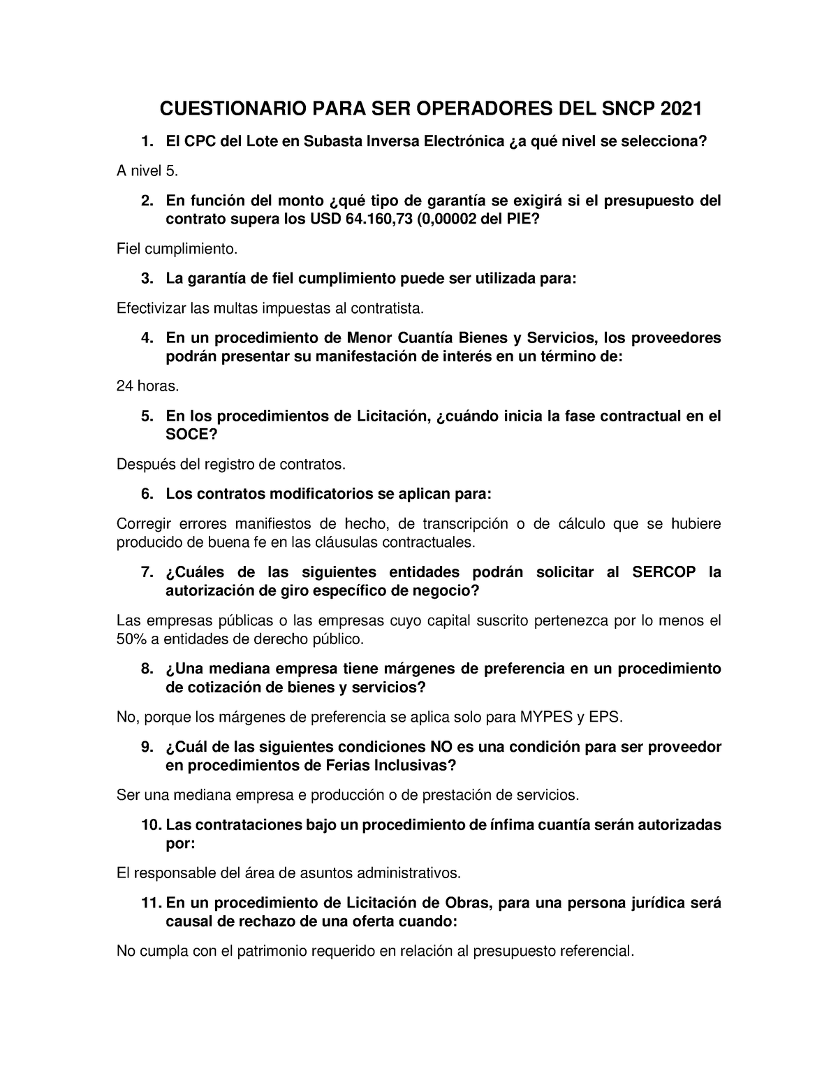 Cuestionario Para Certificación Sercop 2021 - CUESTIONARIO PARA SER ...