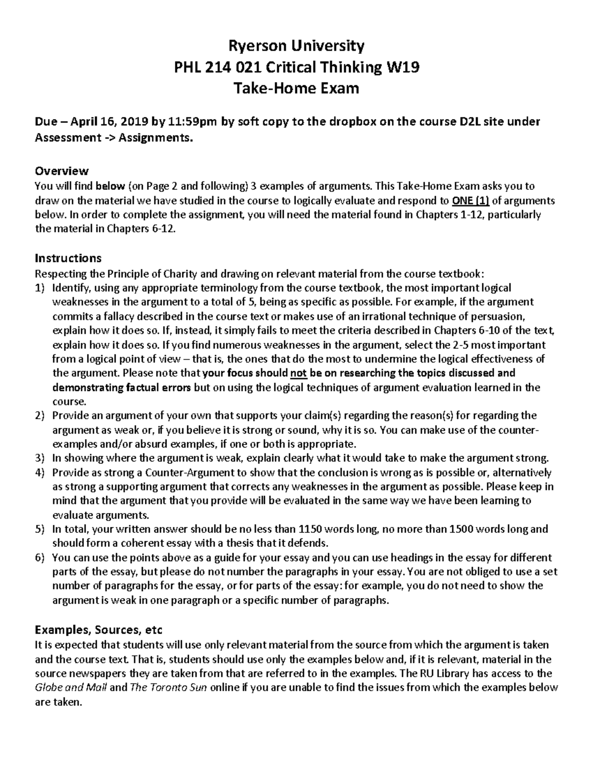 PHL 214 Take Home Final Exam W19 - PHL 214 021 Critical Thinking W Take ...