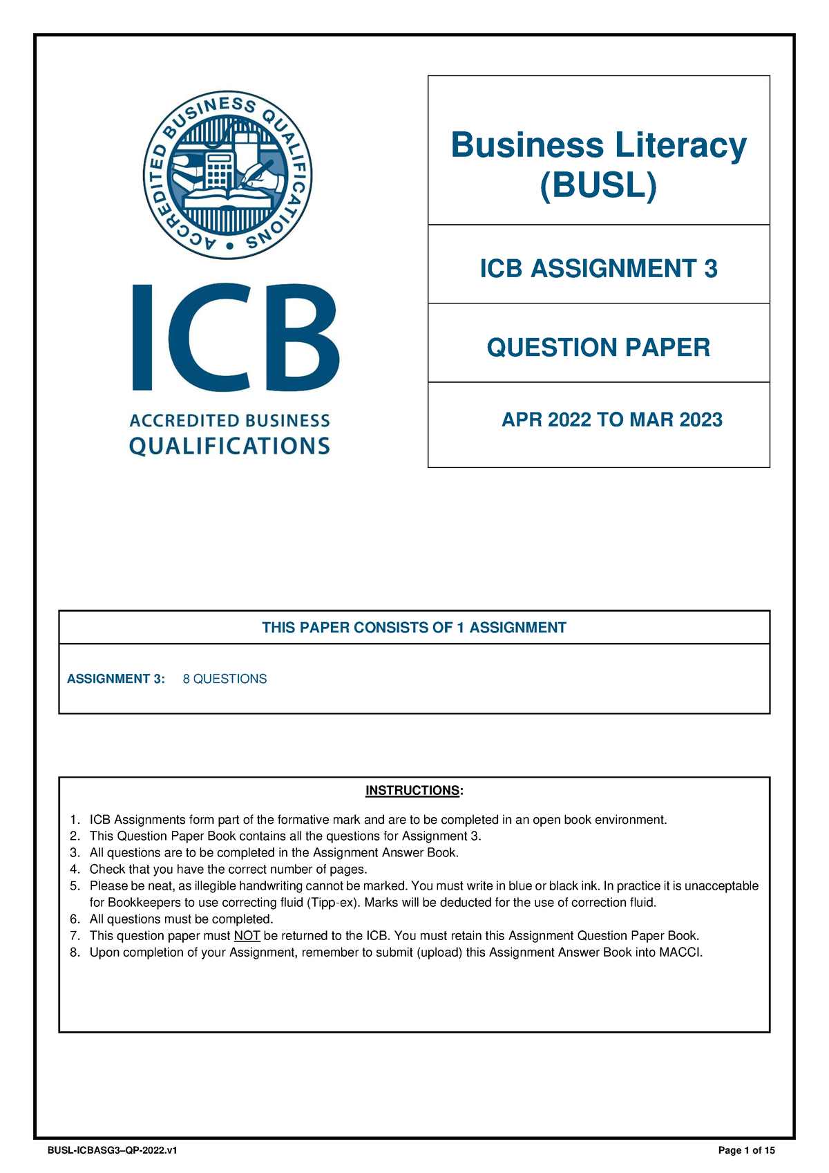 BUSL-ICB Assignment 3-QP-2022 - Page 1 Of 15 Business Literacy (BUSL ...