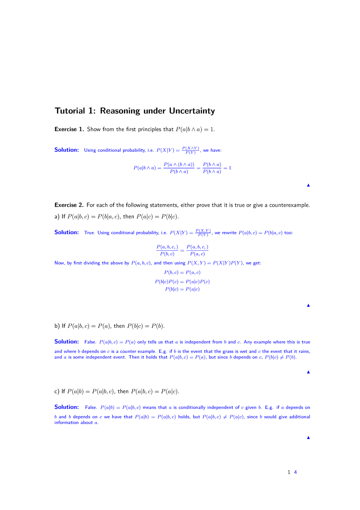 Tutorial 1 - Reasoning Under Uncertainty - Solution 1 - Tutorial 1: Reasoning Under Uncertainty ...