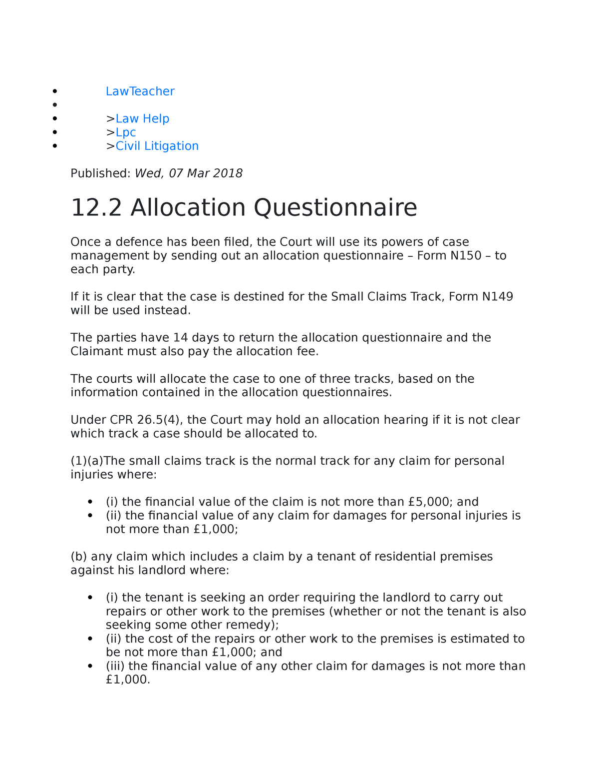 LPC Allocation Questionairs - LawTeacher >Law Help >Lpc >Civil - Studocu