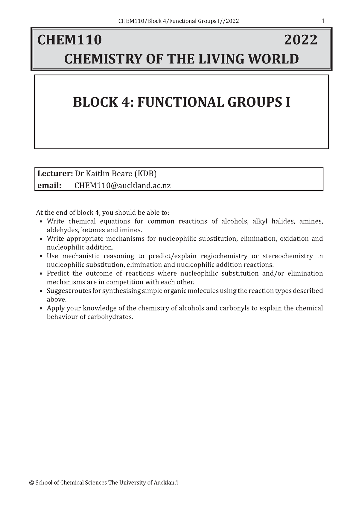 CHEM 110 Block 4 - CHEM110 2022 CHEMISTRY OF THE LIVING WORLD BLOCK 4 ...