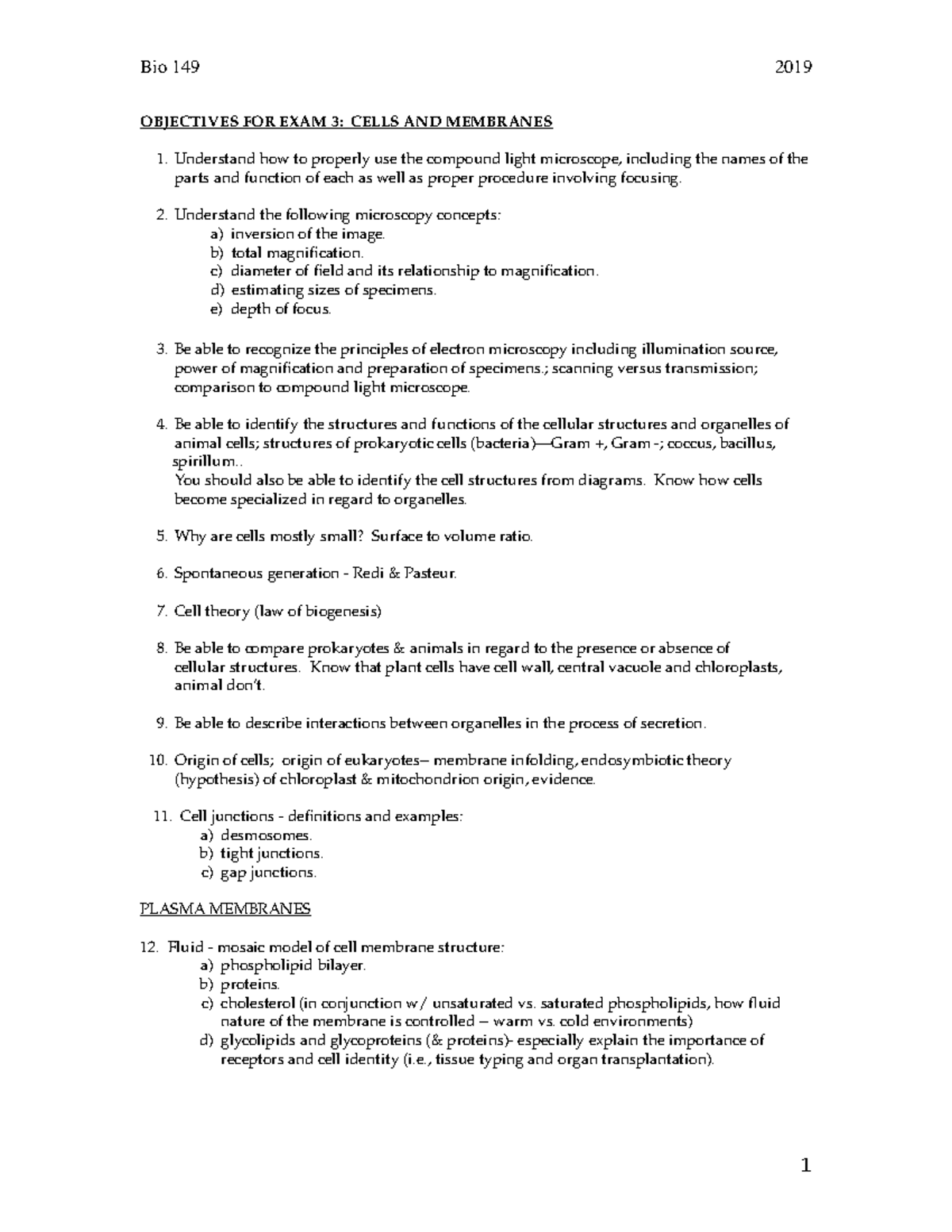 149 Objectives-Lecture Notes EXAM 3 F 19 - OBJECTIVES FOR EXAM 3: CELLS ...