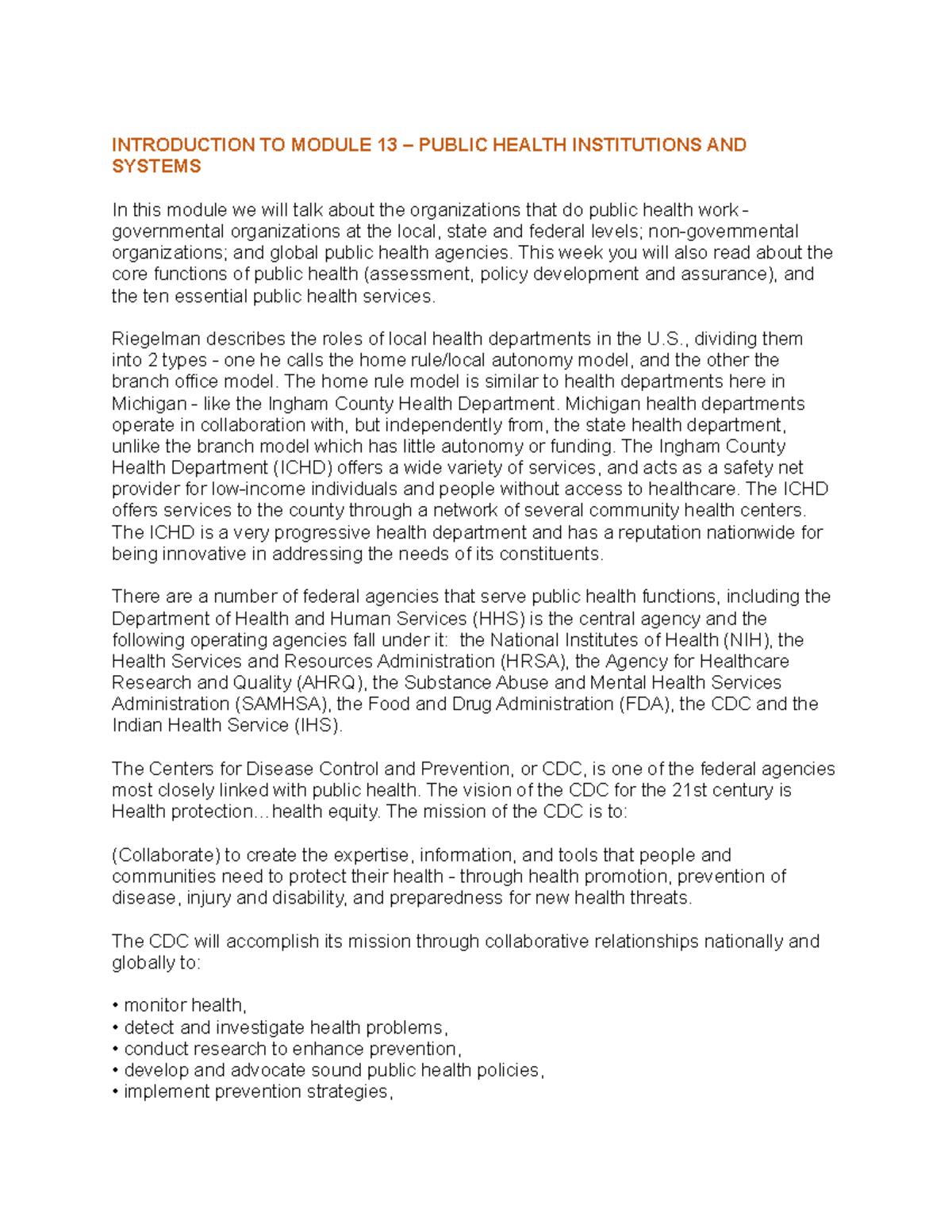 Introduction TO Module 13 - INTRODUCTION TO MODULE 13 – PUBLIC HEALTH ...