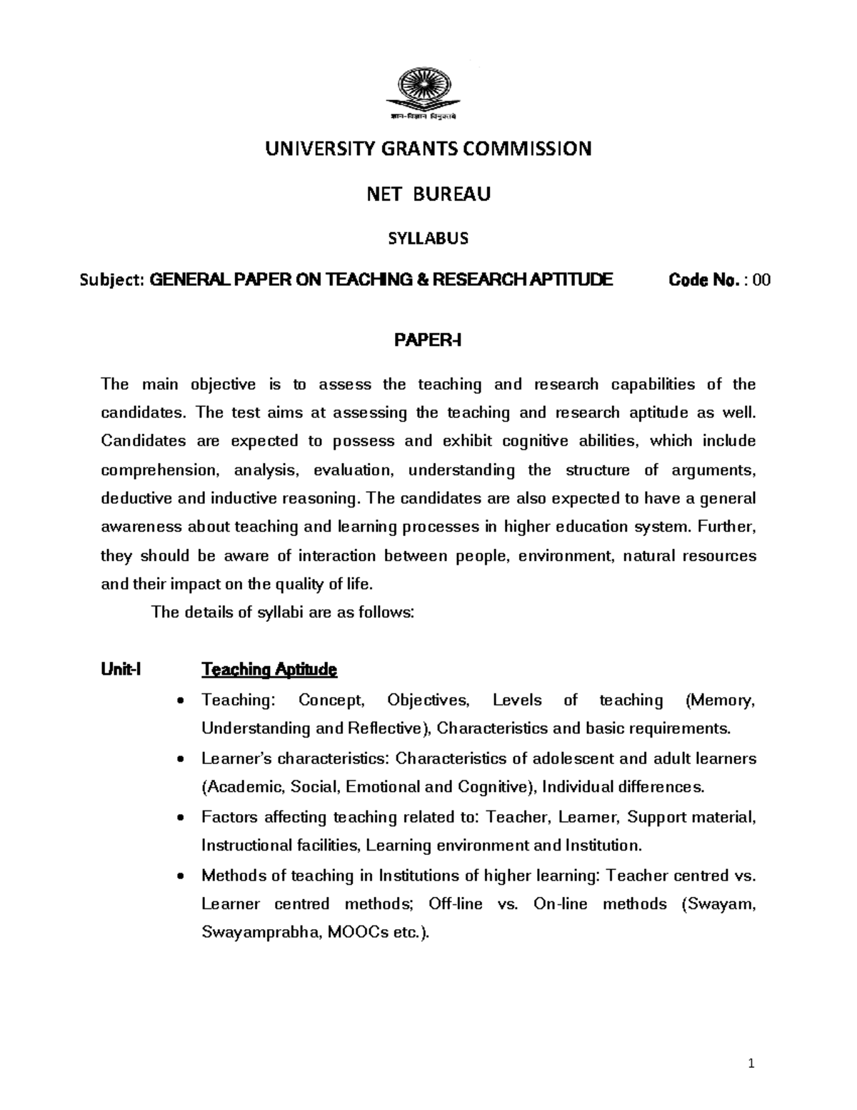 UGC NET Paper 1 Syllabus in English New UNIVERSITY GRANTS COMMISSION