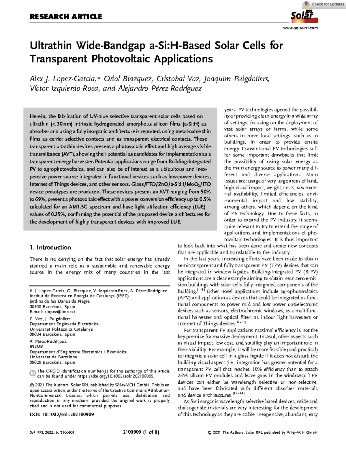 Solar RRL - 2021 - Lopez-Garcia - Ultrathin Wide‐Bandgap a‐Si H‐Based ...