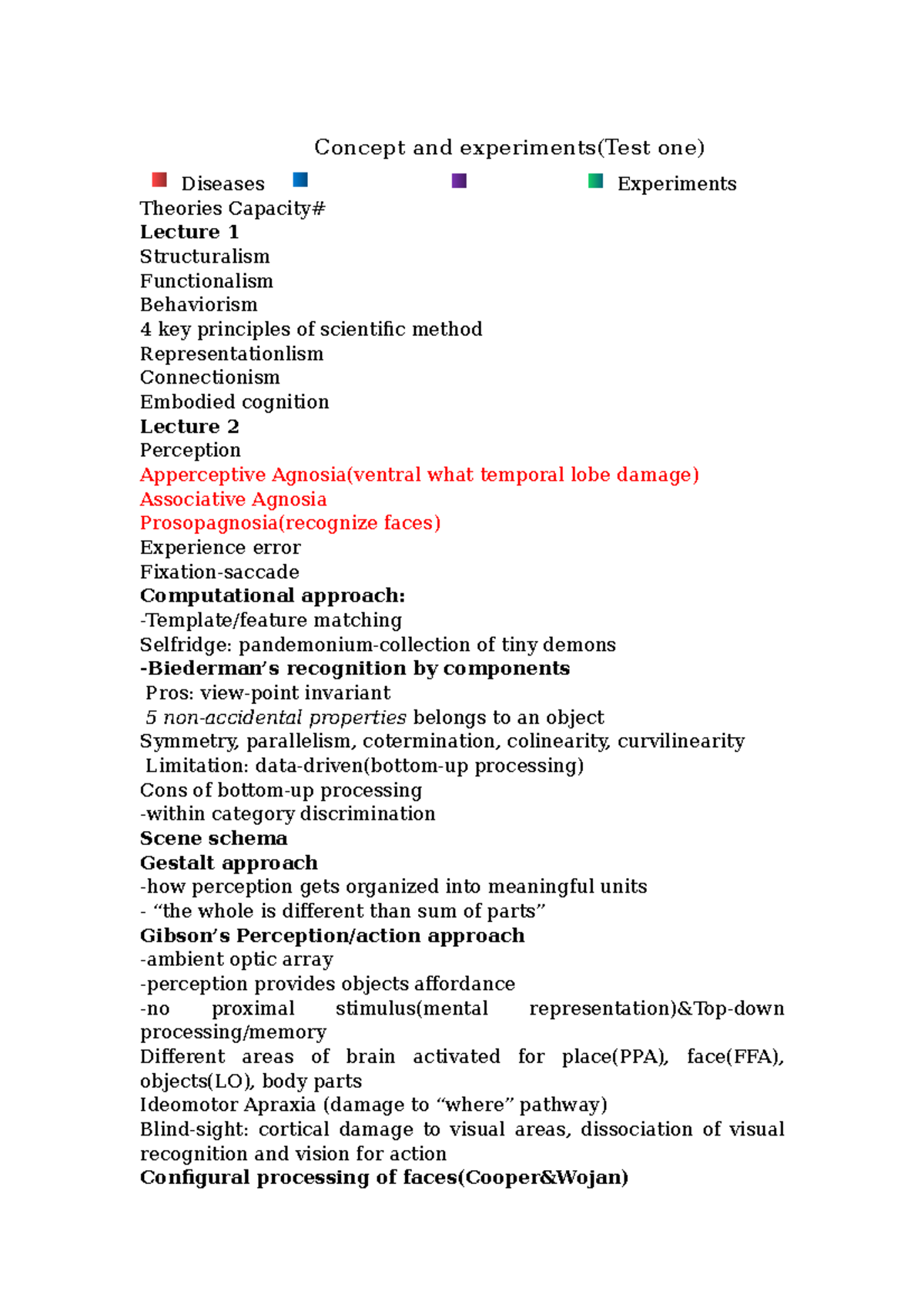 Test 1 - Lecture notes summary - Concept and experiments(Test one ...