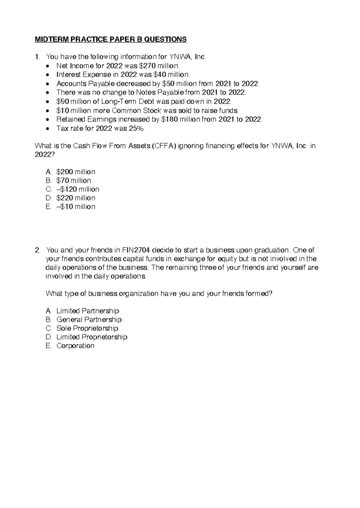 Midterm Practice B Questions - MIDTERM PRACTICE PAPER B QUESTIONS You ...