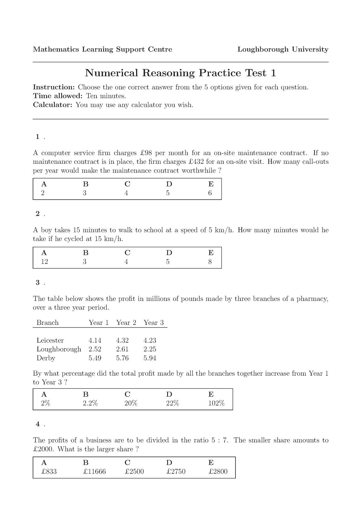 Numerical Reasoning Practice Test 1 - Mathematics Learning Support ...