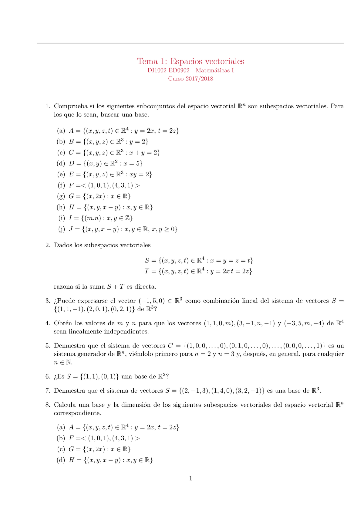 Tema 1 Problemas De Espacios Vectoriales Studocu