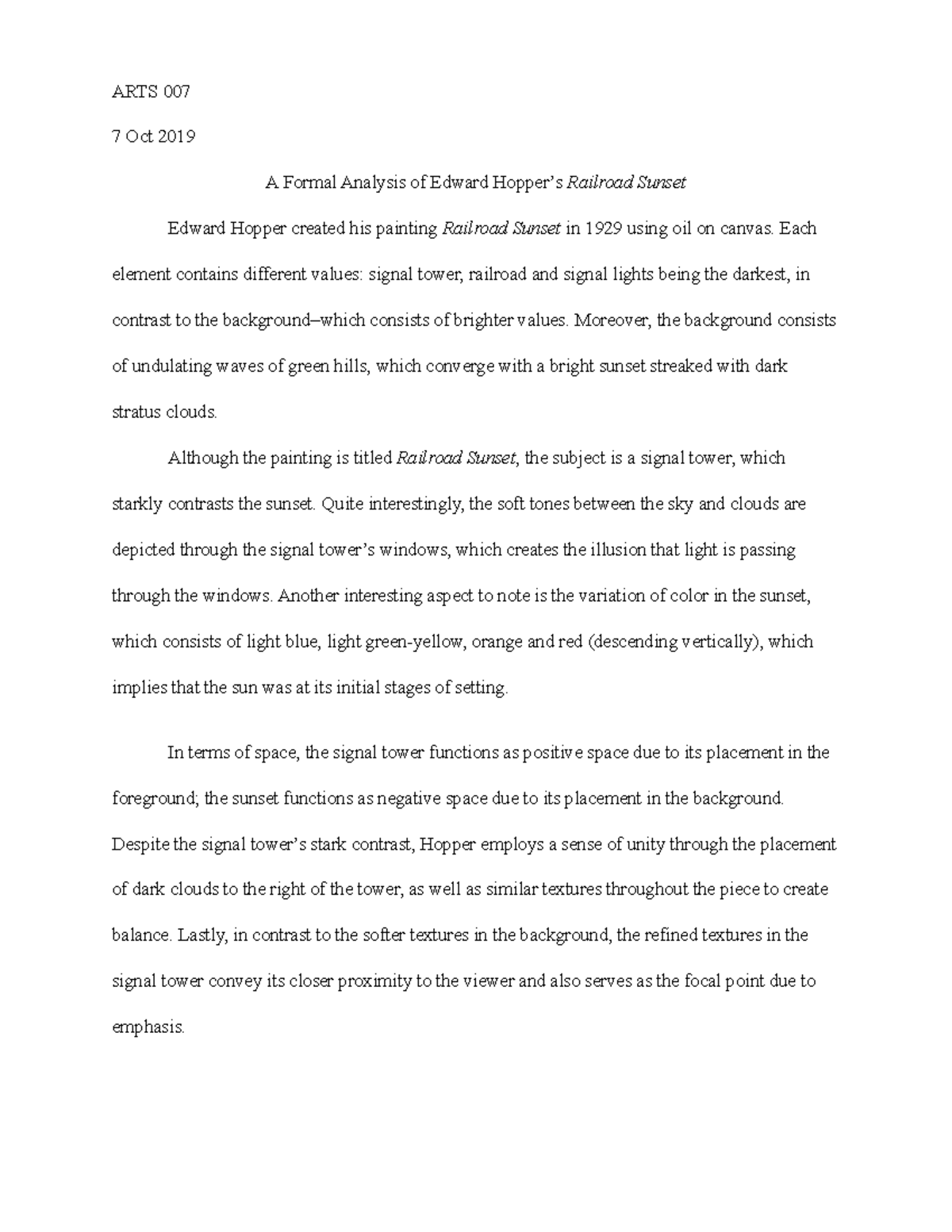 Masterwork Analysis Edward Hopper's Railroad Sunset ARTS 007 7 Oct