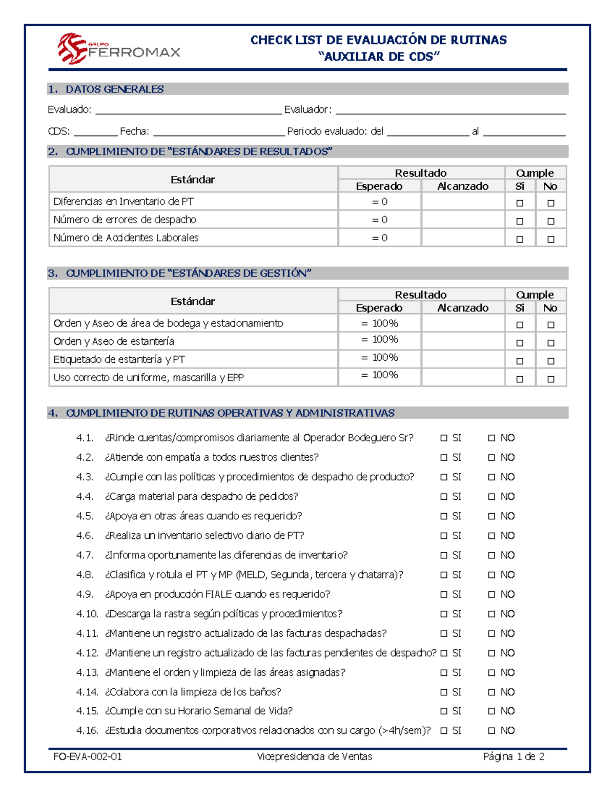 FO-EVA-002-01. Check List de Cumplimiento - Auxiliar de CDS - CHECK ...