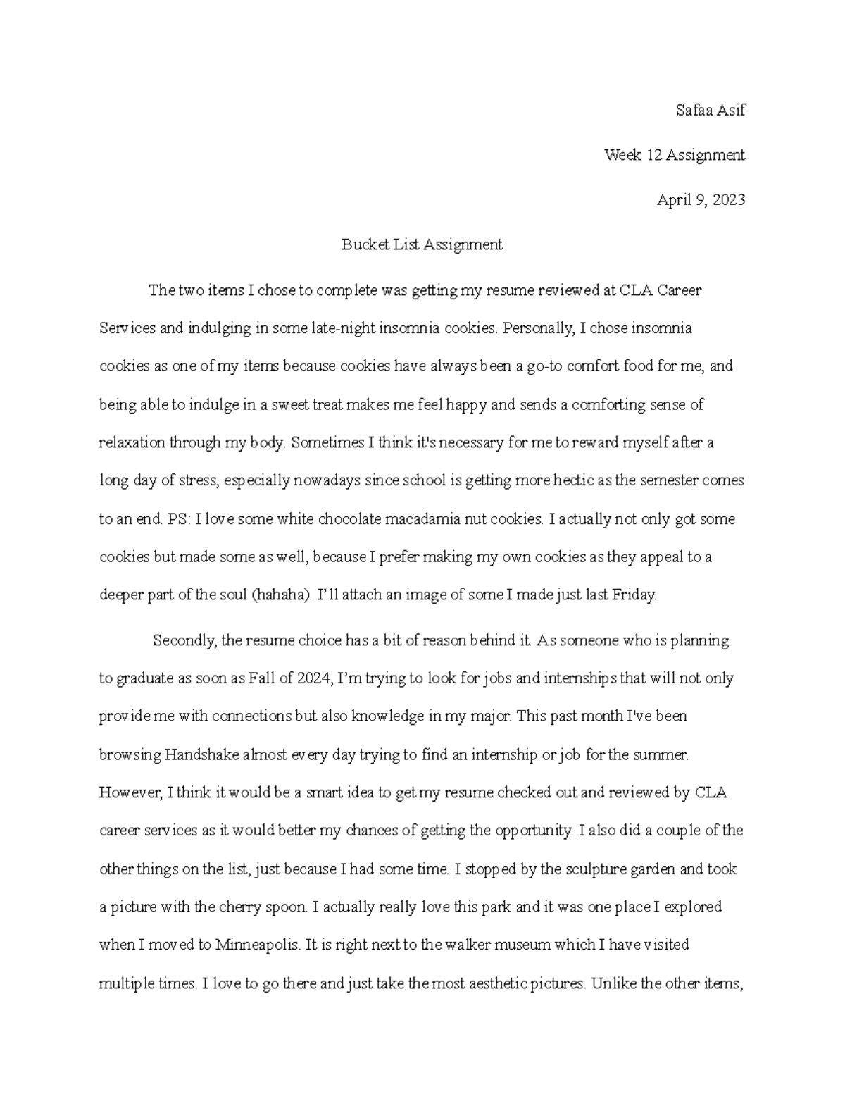 Bucket List Assignment Safaa Asif Week 12 Assignment April 9, 2023