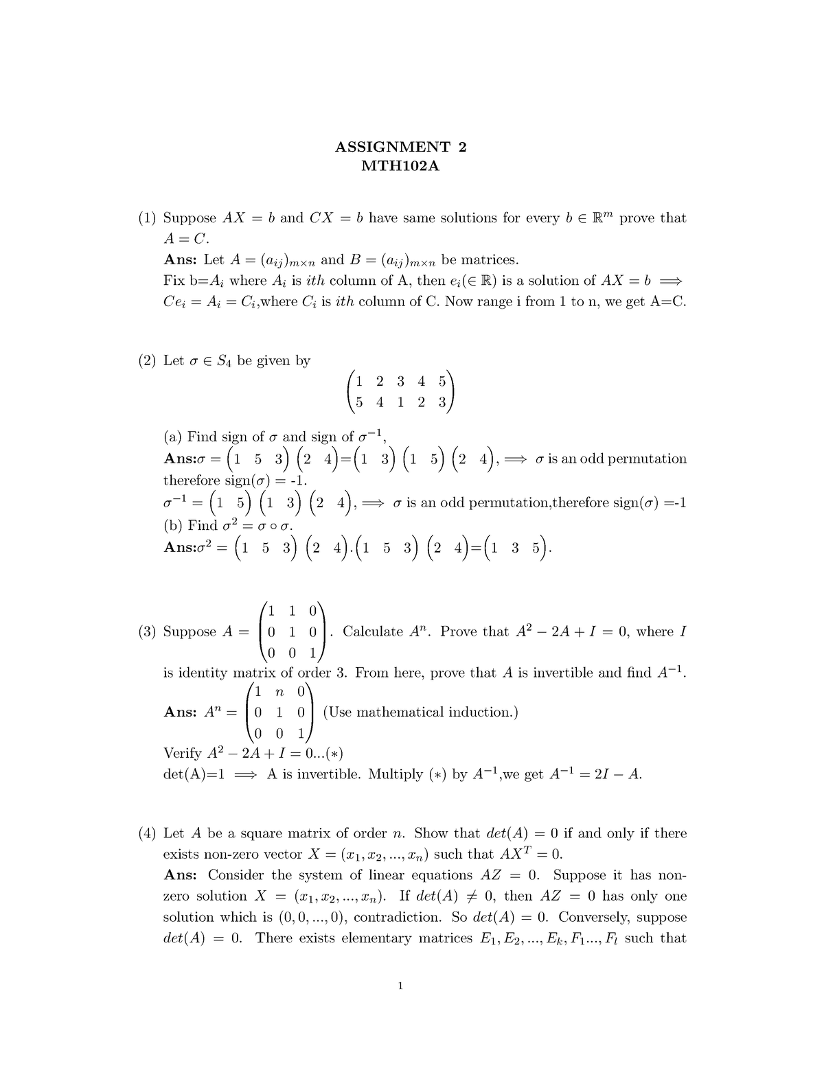 Assignment 2 Solution - Lectures - ASSIGNMENT 2 MTH102A (1) Suppose AX ...