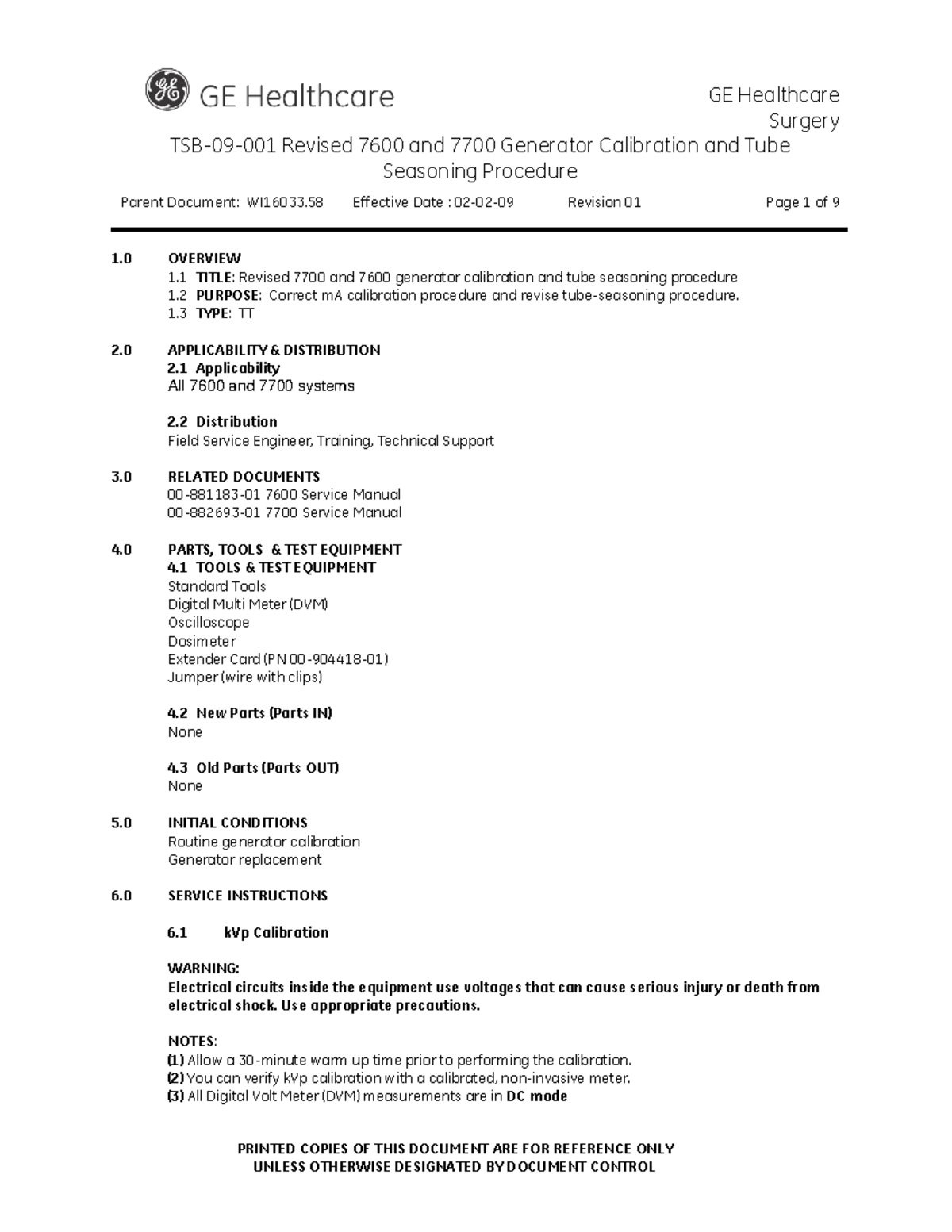 TSB09001 Rev01 Revised 7600 and 7700 Generator Calibration and Tube