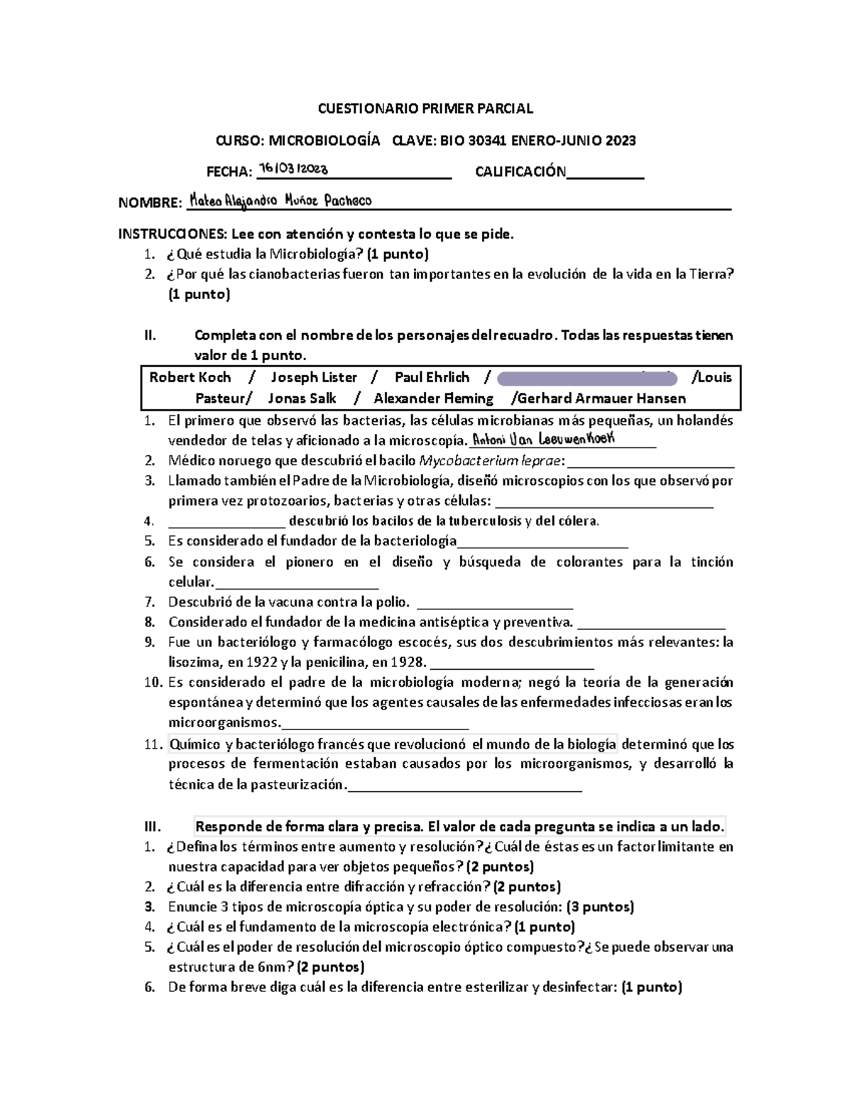 1er Examen Parcial Microbiología - CUESTIONARIO PRIMER PARCIAL CURSO ...